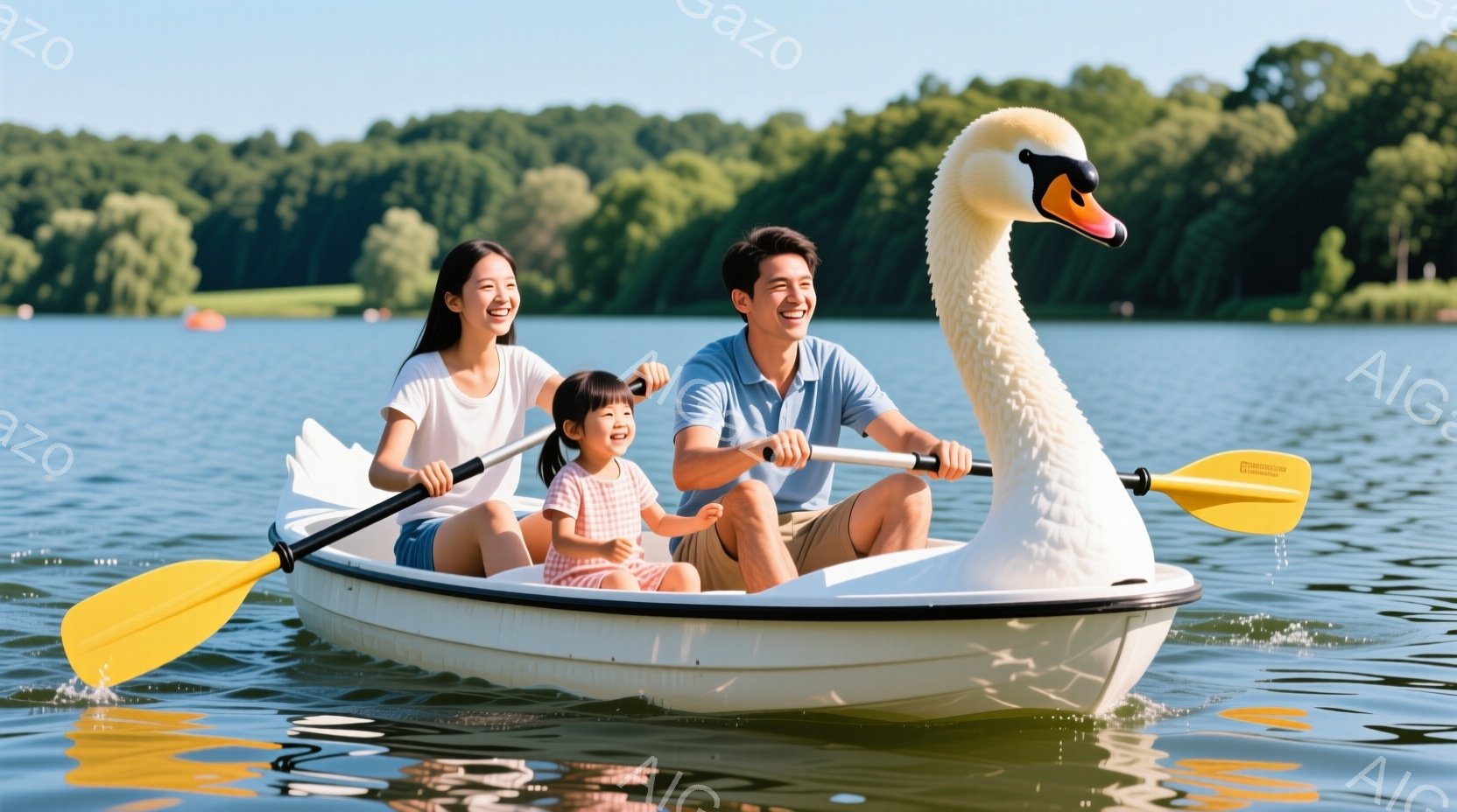 穏やかな水面を白鳥の形をしたボートが滑る様子が捉えられています。若い女性と幼い女の子がボートに乗り、楽しそうな笑顔を浮かべており、男性はオールを漕いでいます。背景には緑豊かな木々が広がり、晴天の下、穏やかな夏の日の雰囲気が漂っています。