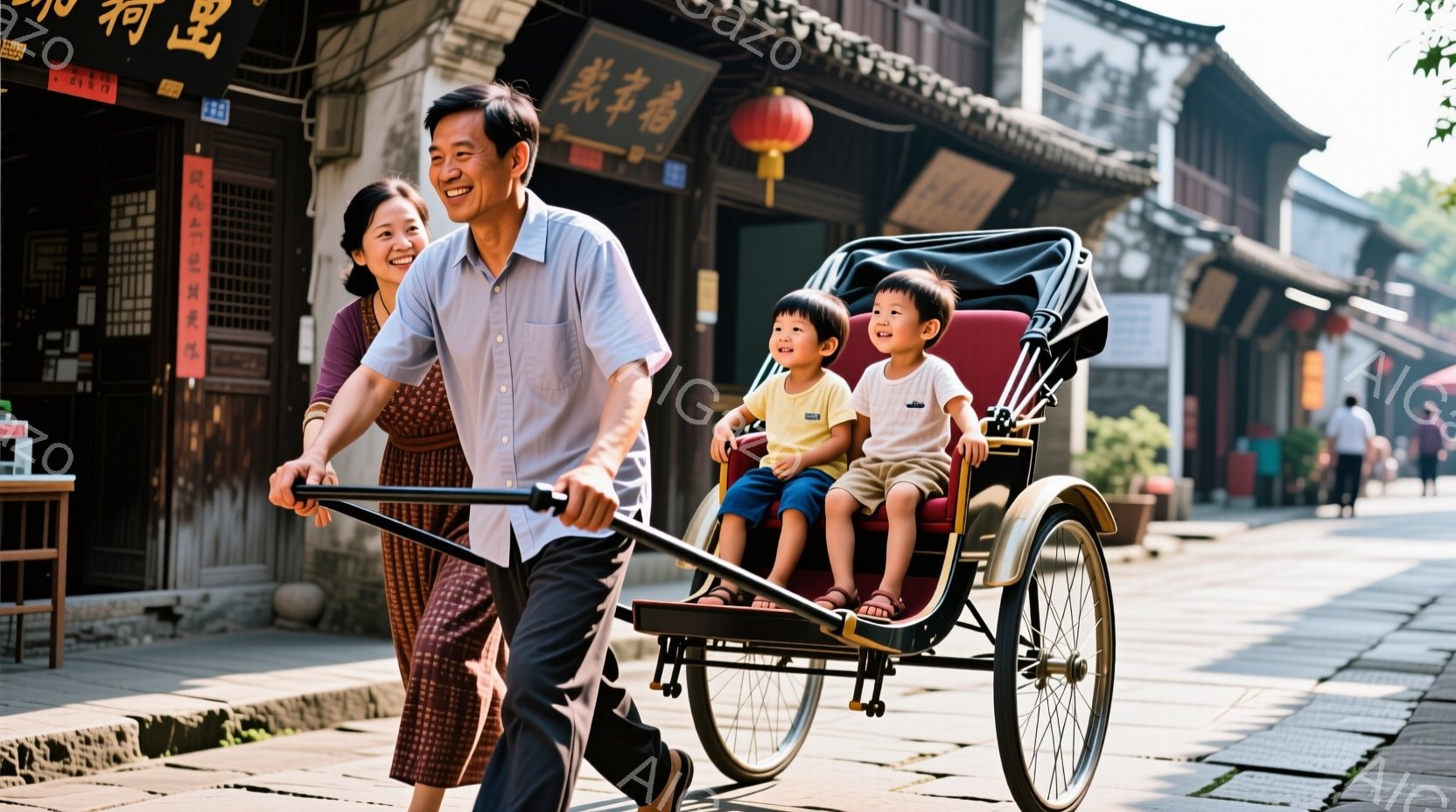 舗装された石畳の道の上を、リキシャを引く男性と、リキシャに乗った二人の子供たちが写っている。男性は薄い色のシャツにズボンを着用し、笑顔でリキシャを引いている。子供たちは青い服を着ており、リキシャの中で - AI生成フリー素材