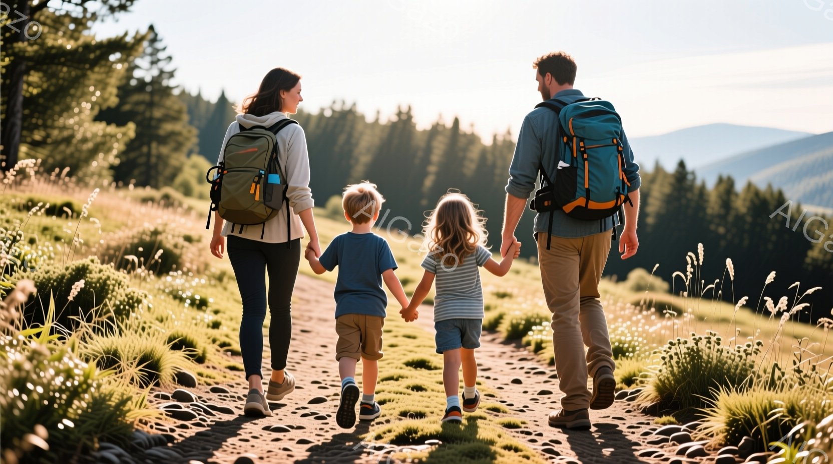 登山道を歩く家族が写っている。母親はダークカラーのレギンスと薄い色のシャツを着てリュックを背負い、息子は明るい色のTシャツと短パンを履いて母親の手を握っている。背景には緑豊かな森林と丘陵地帯が広がり、晴天で穏やかな雰囲気である。
