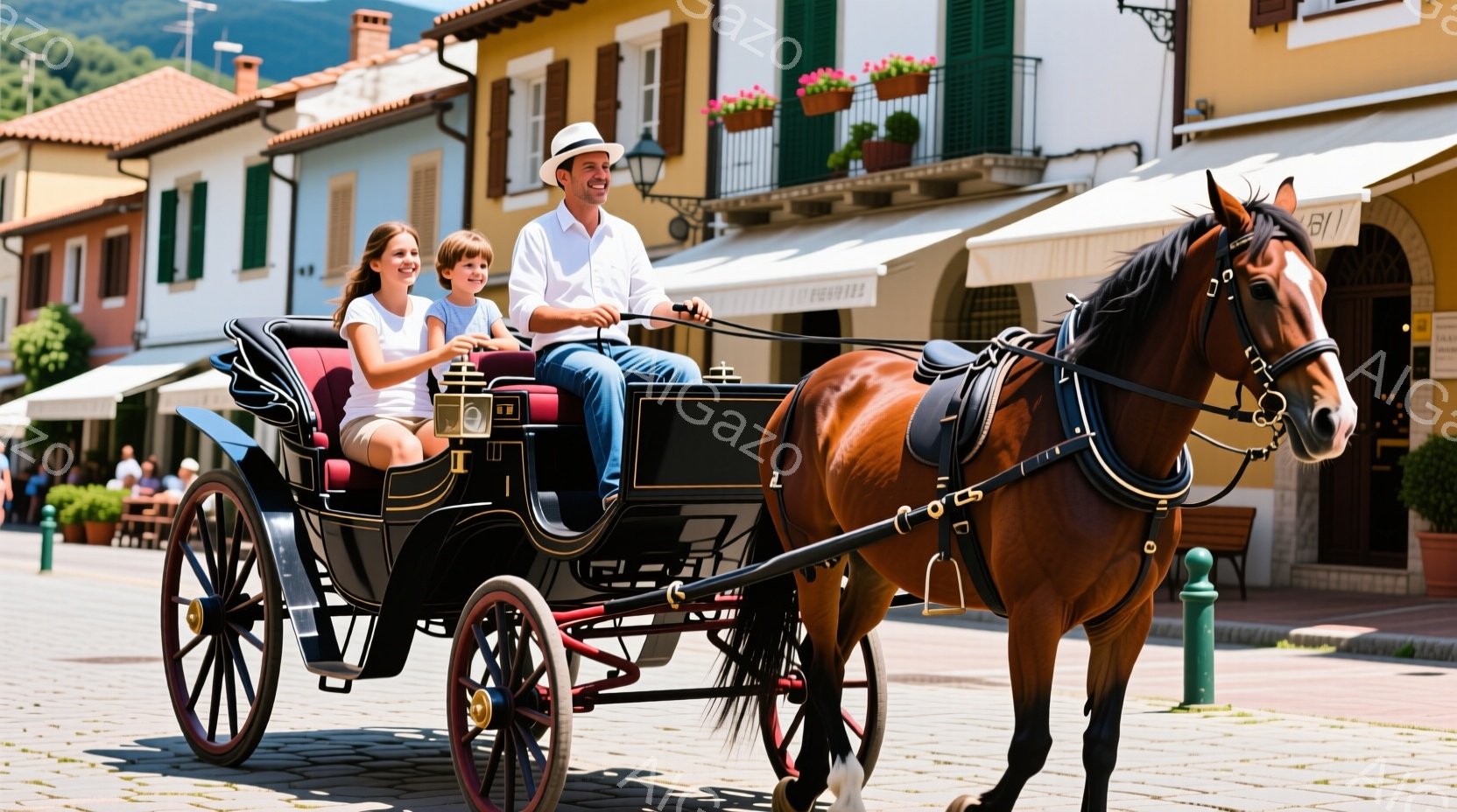 小さな家屋の並びが見られる山の中へと進む、露天馬車を推進する人々を表しています。乗客たちは、男性と女性が伴われた子供を連れて、美しい風景を堪能しているようです。背景には、暖かい陽気が残っており、街道の整理された石畳と、建物の周りで適応した植物が見られます。この場面は、観光や地域の文化を体験する人々を抱えている雰囲気と印象を与えています。