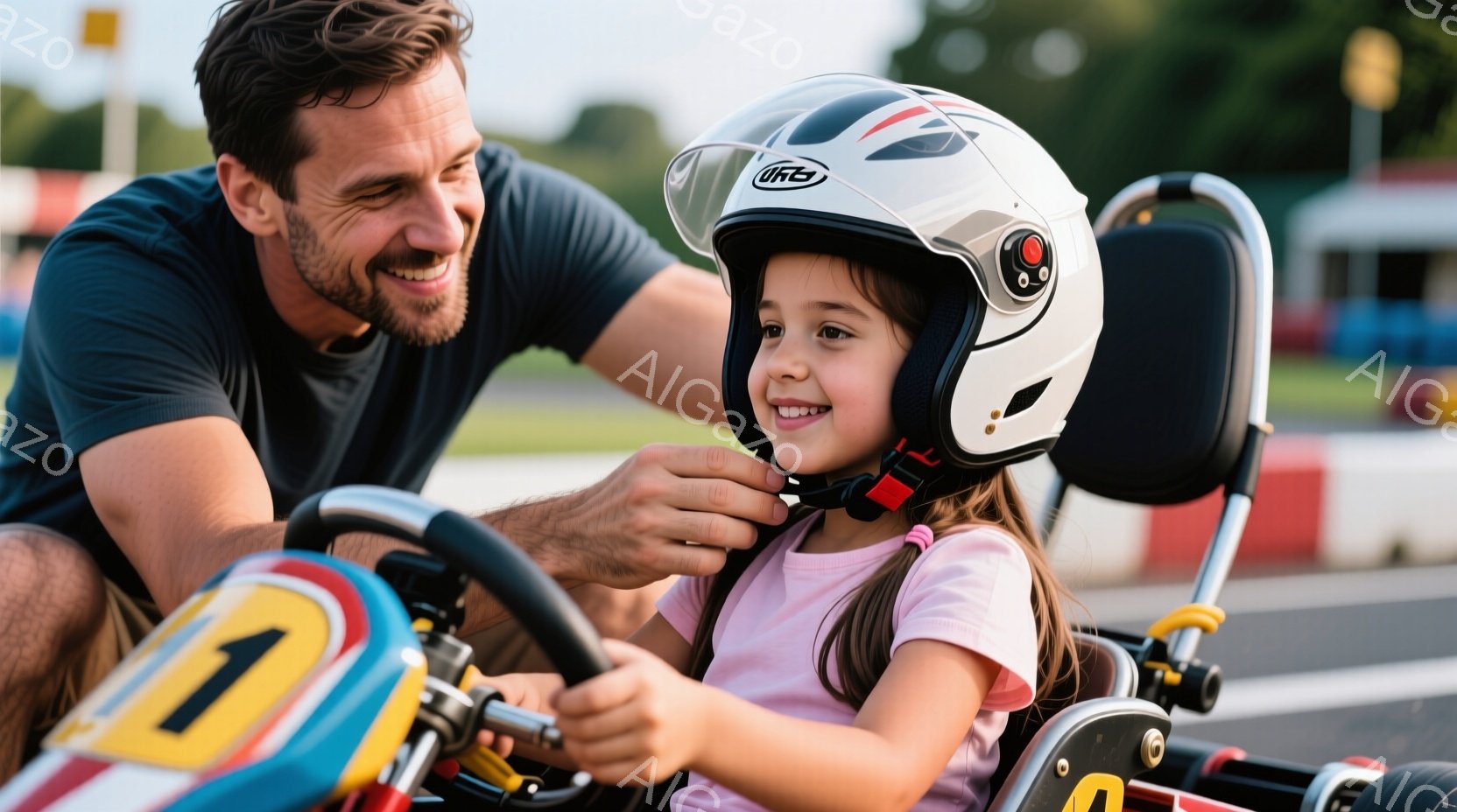 少女はゴーカートの運転席に座り、白と黒のヘルメットを装着してもらっています。彼女はピンク色のTシャツを着ており、笑顔で運転を楽しみにしている様子です。背景にはゴーカートコースが見え、晴れた空の下、活気 - AI生成フリー素材
