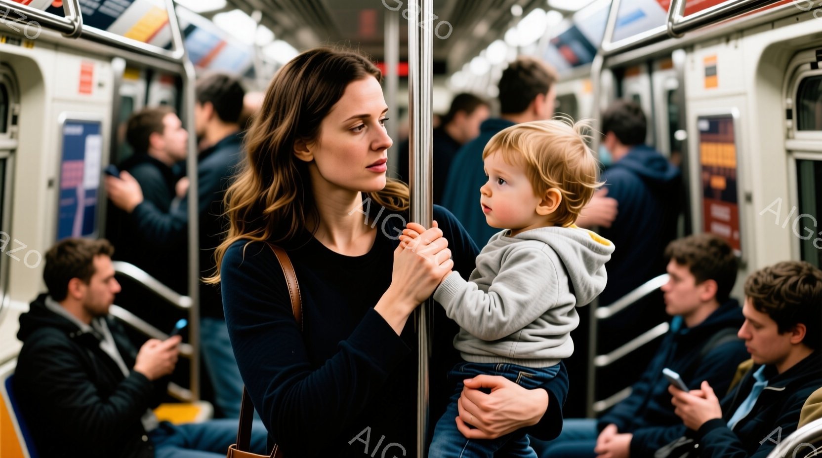 電車内で、茶髪の女性が幼い子供を抱えています。女性は黒いトップスと肩掛けのバッグを着ており、やや疲れた表情をしています。周囲には他の乗客がおり、電車内は混雑している様子で、日常的な通勤風景がうかがえます。