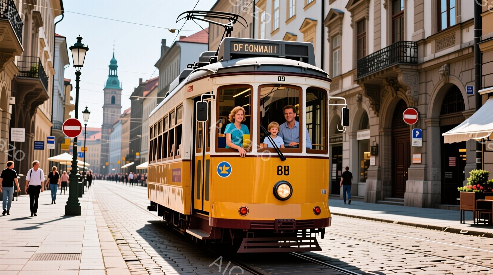 黄色と赤色のトラムが石畳の通りを走っており、運転席には笑顔の男性と女性、そして子供が乗っています。背景には歴史的な建物が立ち並び、石造りの壁や尖塔が確認でき、晴天の下、人々が歩行しています。全体的に穏やかで観光客が多い、ヨーロッパの街並みを思わせる雰囲気です。