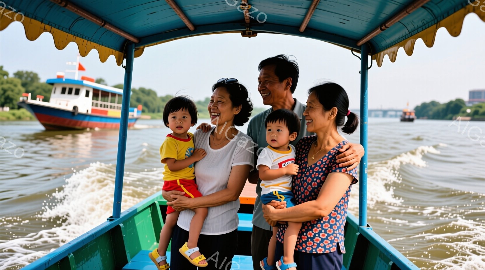 家族四人がボートに乗って水上を進んでいます。女性は花柄のワンピース、男性は濃いシャツとズボン、そして二人の子供たちはそれぞれ黄色と赤のシャツを着ています。背景には水面と他のボートが見え、晴れた日の穏やかな雰囲気が伝わってきます。