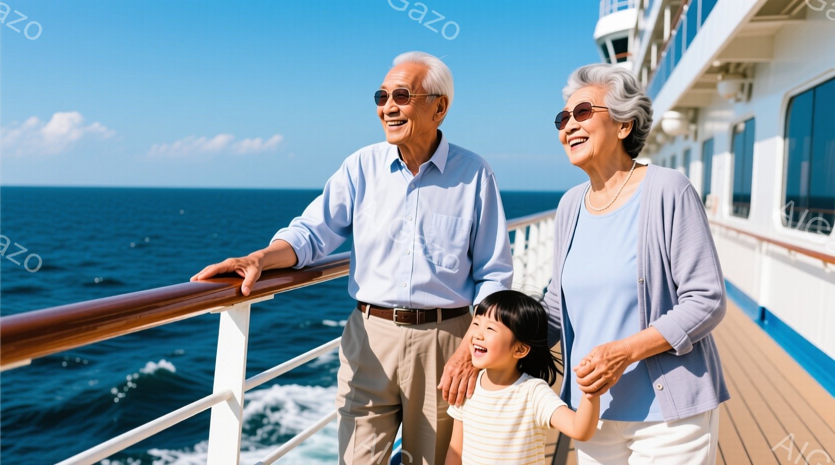 白髪の祖父と祖母と若い女の子が船のデッキに立っている。祖父は水色のシャツとベージュ色のズボンを着用し、祖母は薄い水色のジャケットと白いズボンを着ている。女の子は黄色いシャツと白いズボンを着用し、全員が海に向かって微笑んでおり、晴れた天気と穏やかな海が背景に見える。