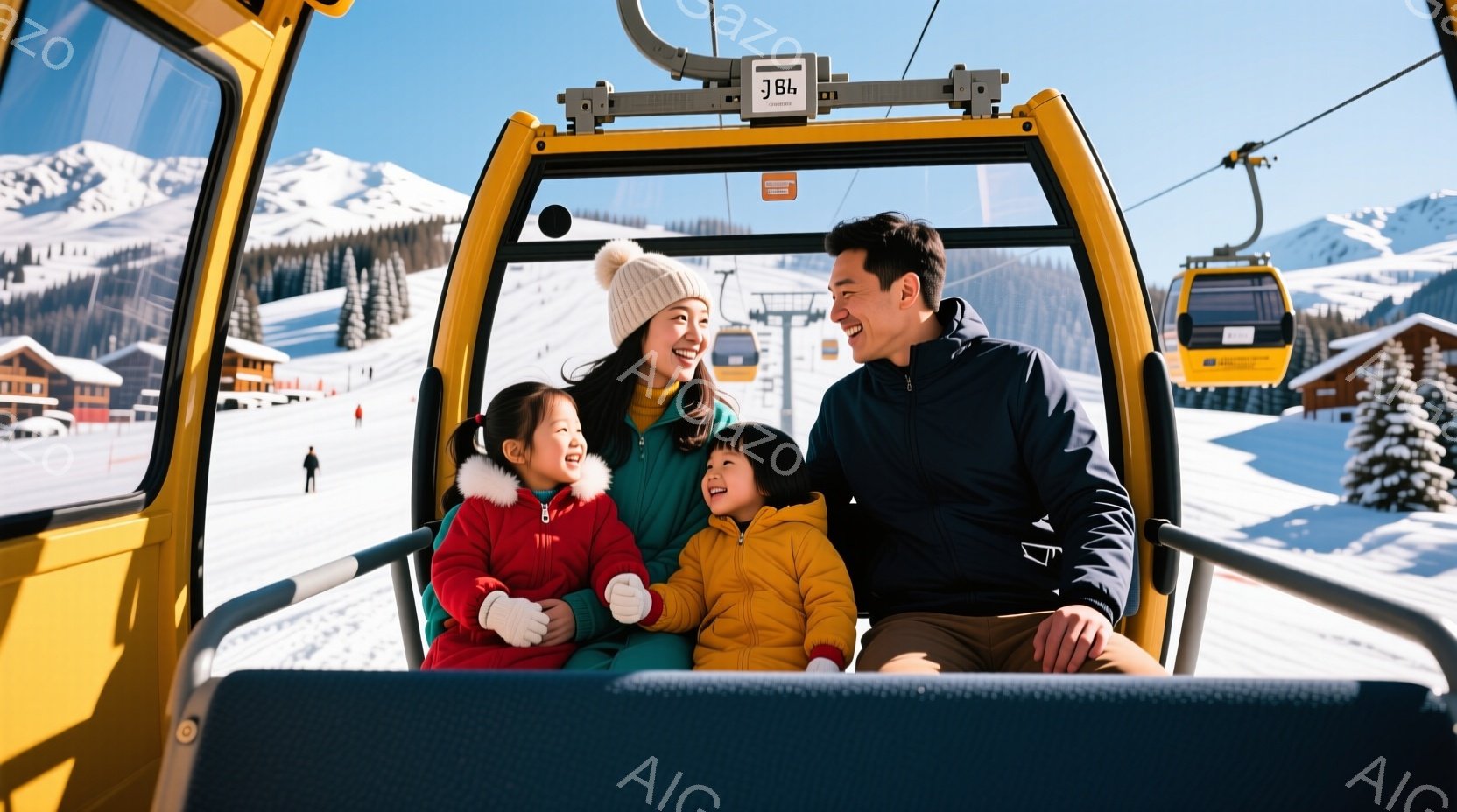 鮮やかな黄色いゴンドラの中に、笑顔の家族が乗っています。母親はニット帽をかぶり、娘たちはそれぞれ赤いジャケットと黄色のジャケットを着ています。背景には雪に覆われた山々と建物が見え、晴天でスキーを楽しむのに最適な一日であることがわかります。