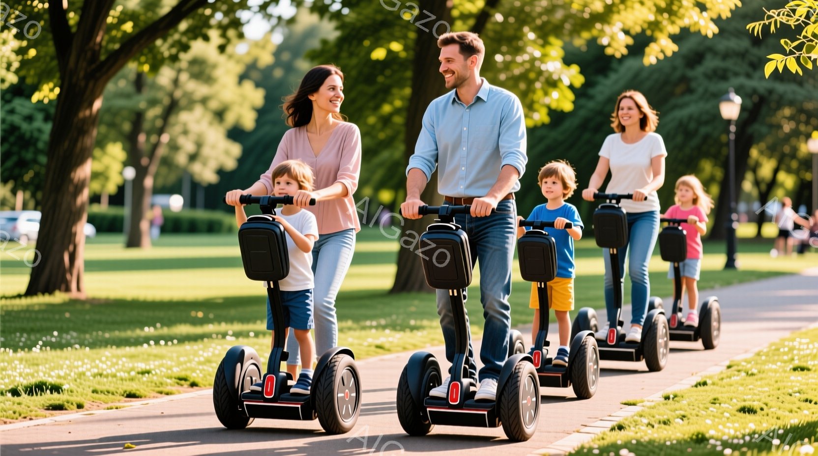 日当たりの良い公園の道で、家族がセグウェイに乗って並んで歩いている様子が描かれています。母親は薄いピンク色のシャツを着て微笑み、父親は青いシャツにジーンズ姿で楽しそうにしています。背景には緑豊かな木々と芝生が広がり、晴天の下、家族の幸せな時間が表現されています。