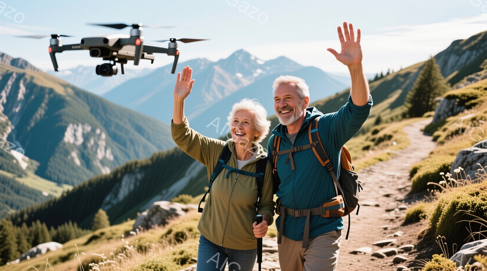 年配の夫婦が山道を歩き、ドローンに向かって手を振っています。女性は緑色のジャケットとジーンズ、男性は青いシャツとカーキ色のズボンを着用し、共にリュックサックを背負っています。背景には緑豊かな山々が広が - AI生成フリー素材