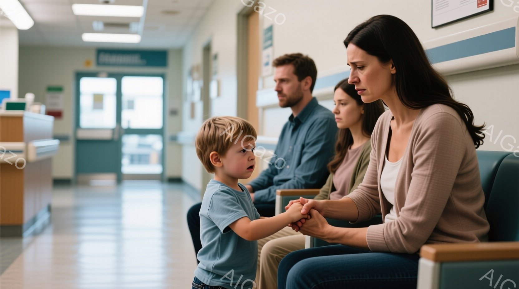 小さな男の子は青いTシャツとジーンズを着て、不安そうな表情で母親の手を握っています。母親はグレーのトップスを着ており、心配そうな表情で息子を見つめています。背景には、他の男性も座っており、病院やクリニックのような明るい廊下の様子がうかがえます。