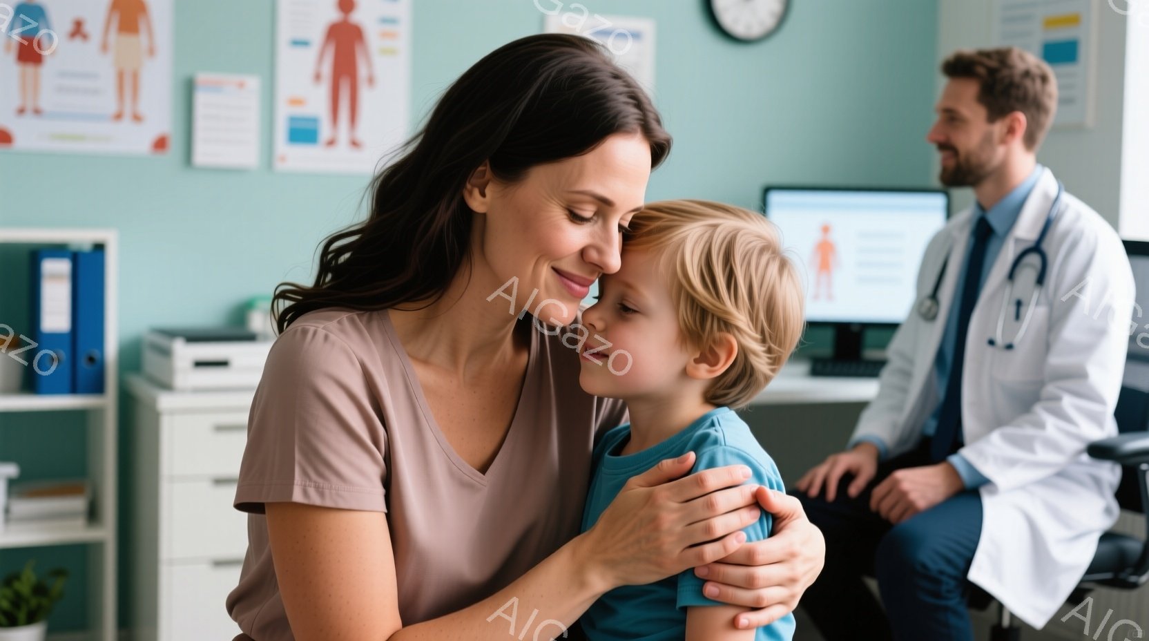 母親が幼い息子を抱きしめており、二人は幸せそうに目を閉じています。背景には白いコートを着た医者が椅子に座り、医療関連のポスターが飾られた診察室のような空間が広がっています。全体的に温かく、安心感のある雰囲気が漂っています。