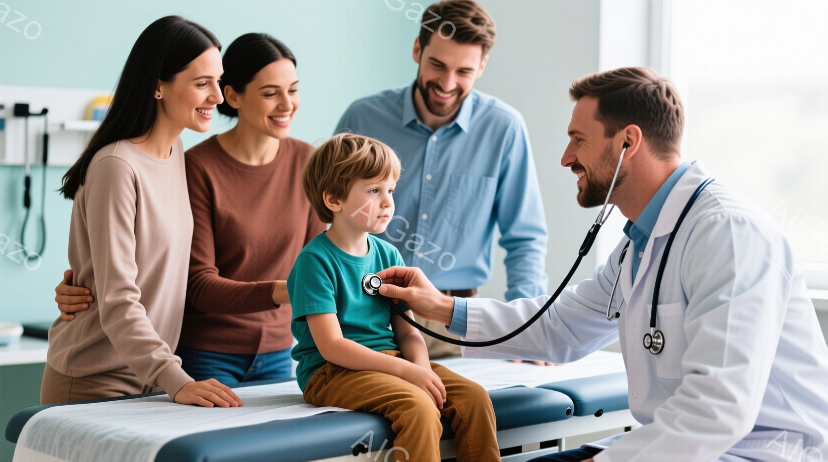 小さな男の子が診察台に座っており、医師が聴診器を使って彼の胸を診察しています。母親は男の子の肩に手を置き、父親は背景で微笑んでいます。背景には医療機器があり、全体的に温かく安心感のある雰囲気です。