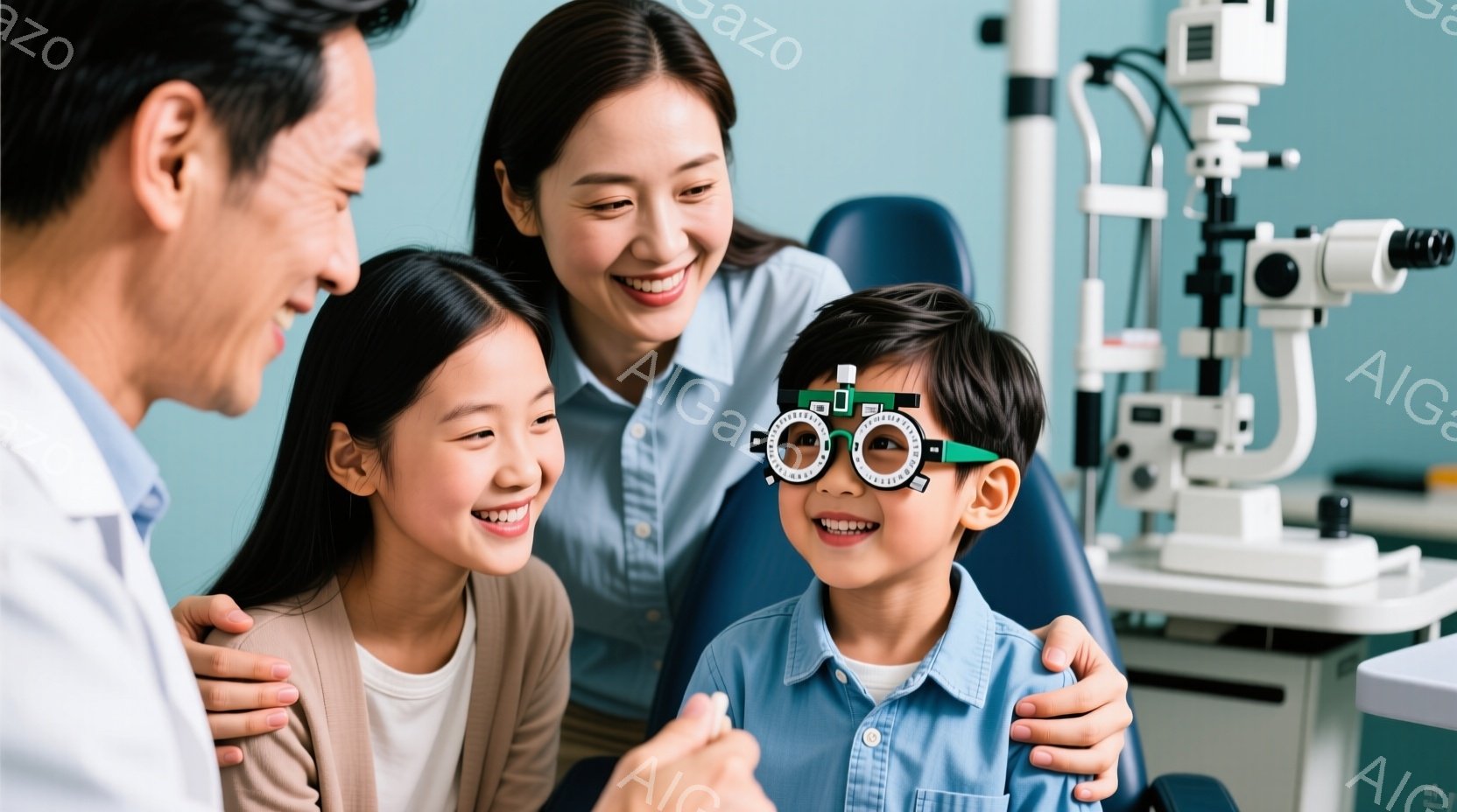 笑顔の少年が視力検査用の大きなメガネをかけて座っており、母親と医師が両脇から優しく支えています。母親は明るい色のトップスを着ており、医師は白衣を着ています。背景には医療機器があり、明るく清潔な診察室の - AI生成フリー素材
