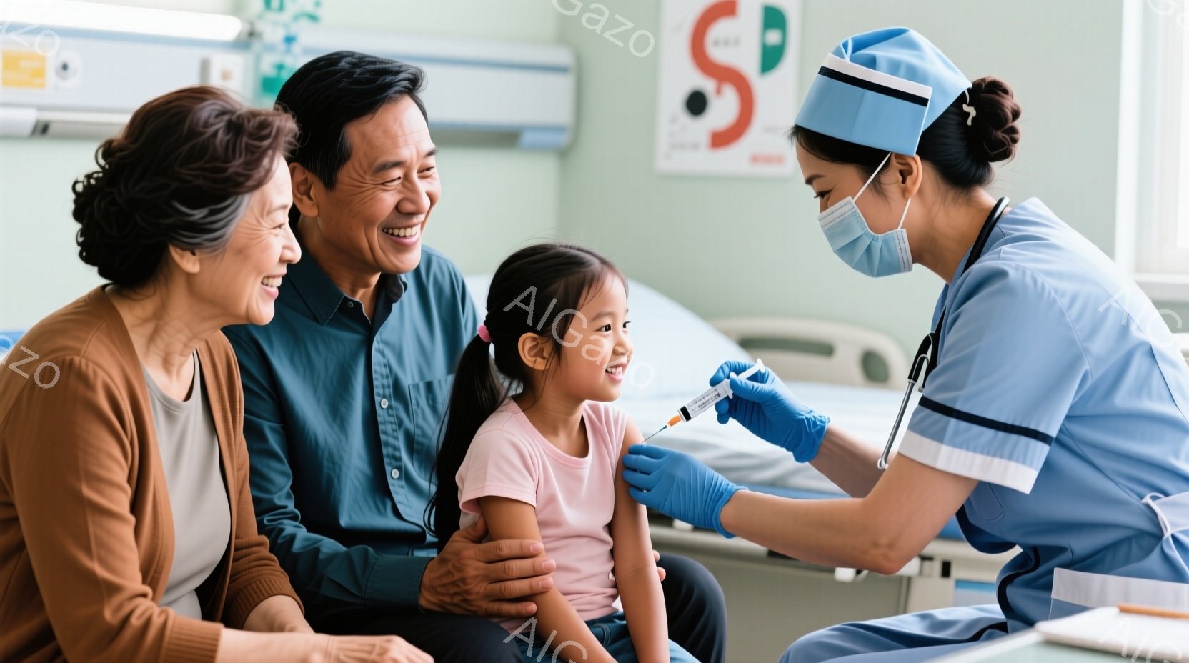 病院の待合室で、おじいちゃんとおばあちゃんが笑顔で少女を見守っています。少女は看護師から注射を受けており、少し緊張しながらも我慢している様子です。背景には病院のベッドが見え、全体的に温かく安心感のある雰囲気です。
