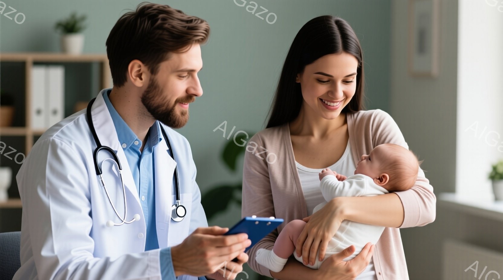 白衣を着た男性医師がクリップボードを見つめ、微笑んでいます。彼は短髪で髭を生やしており、真剣な表情で何かを確認しているようです。女性はベージュ色のカーディガンを着て、抱き上げた赤ちゃんを見つめており、優しい笑顔を浮かべています。背景には白い棚があり、室内の穏やかな雰囲気が伝わってきます。