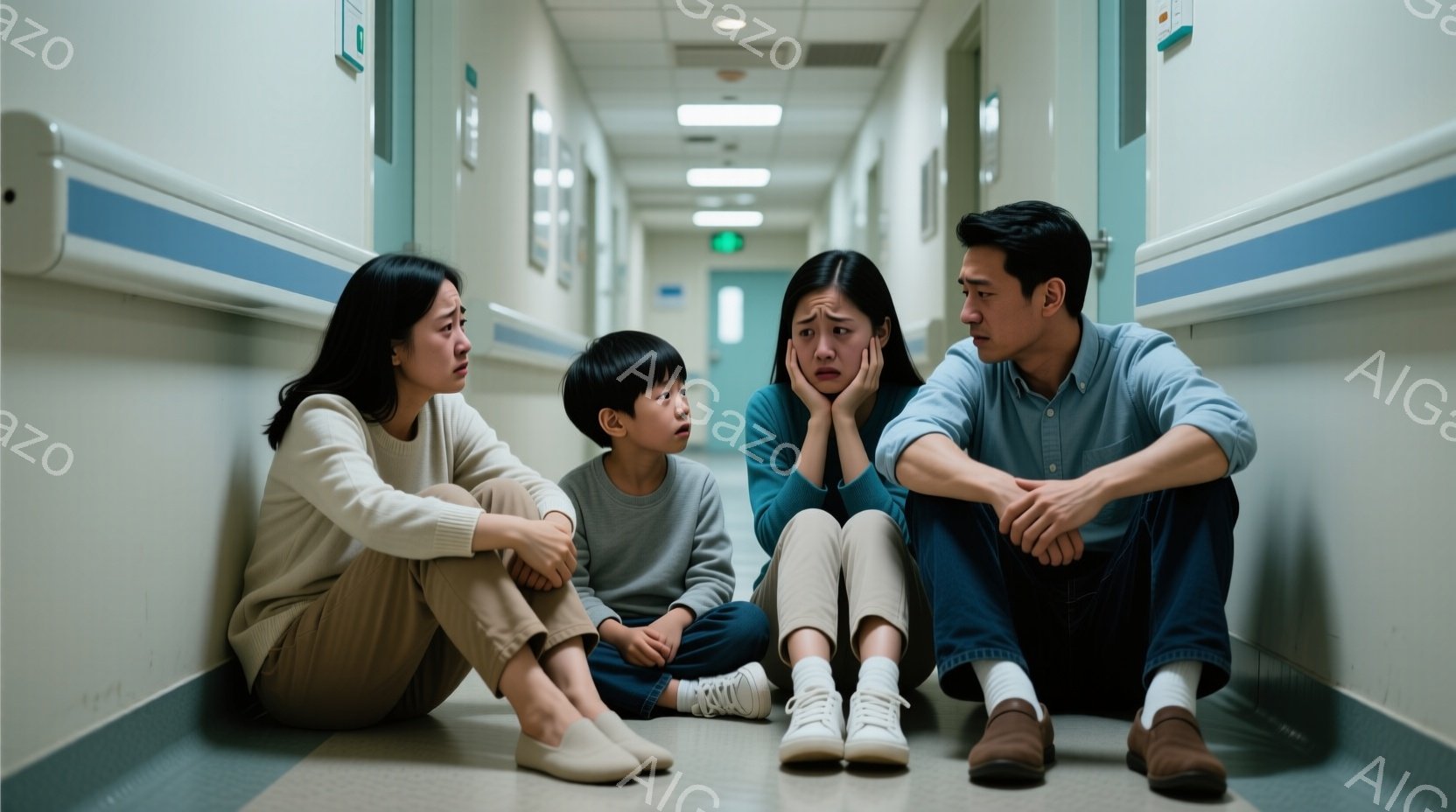 廊下の壁に寄りかかり、女性、少年、男性が座っている。女性はベージュのセーターとパンツ、少年はグレーのセーターとパンツ、男性は水色のシャツと紺色のズボンを着用し、皆、疲れた表情で不安そうにしている。背景は病院の廊下で、白っぽい壁と床、そして医療機器が見え、全体的に重苦しい雰囲気が漂っている。