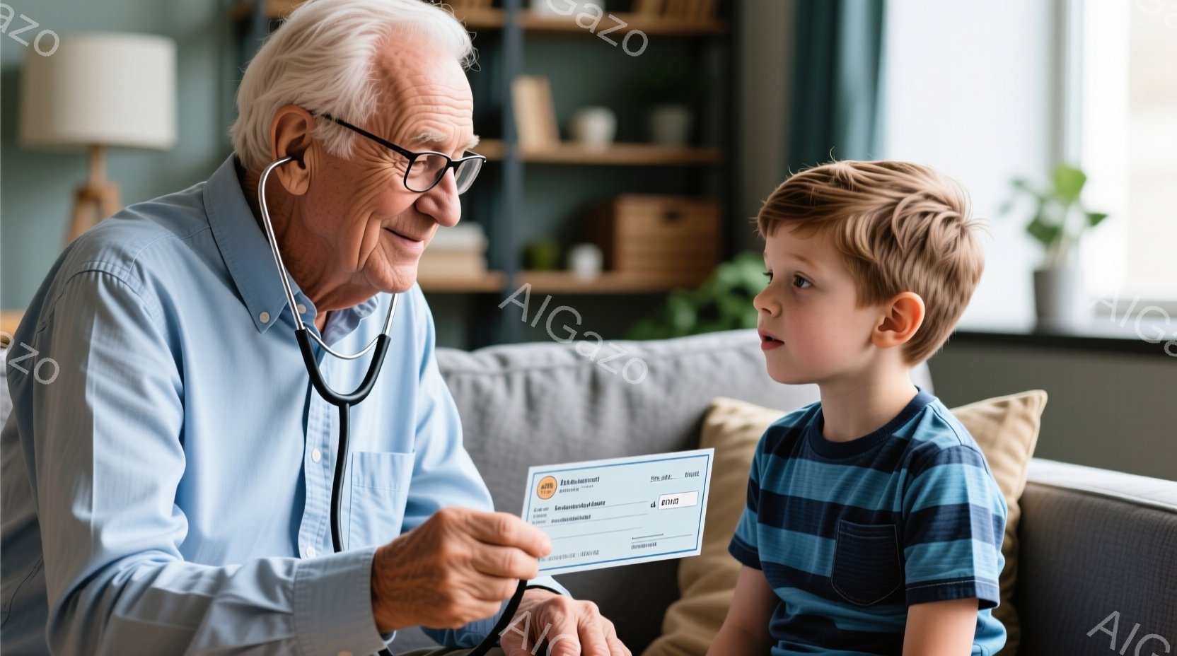 白衣を着た老人が、聴診器を首にかけ、医療記録らしきものを見ながら、少年の健康状態を確認している様子です。少年は青いTシャツを着て、少し心配そうな表情で老人の顔を見上げています。背景には、ソファと本棚が - AI生成フリー素材