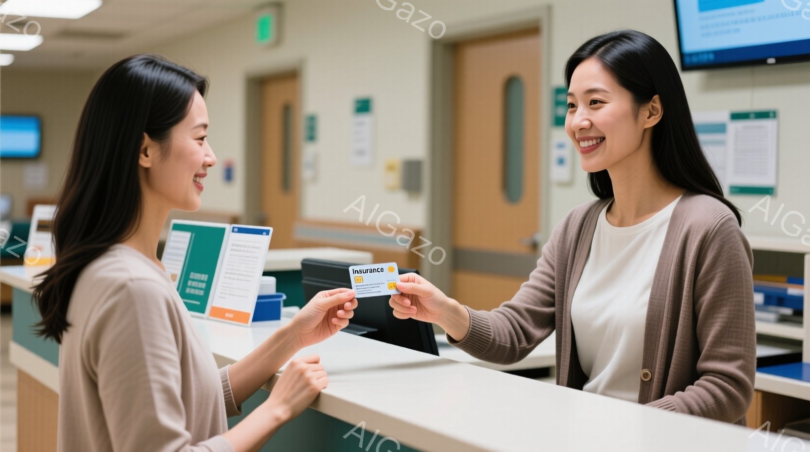 2人の女性がカウンター越しにカードを交換している様子が写っています。片方の女性はベージュのニットを着ており、もう片方の女性はネイビーのシャツを着ています。両者とも笑顔で、友好的な雰囲気が漂っています。