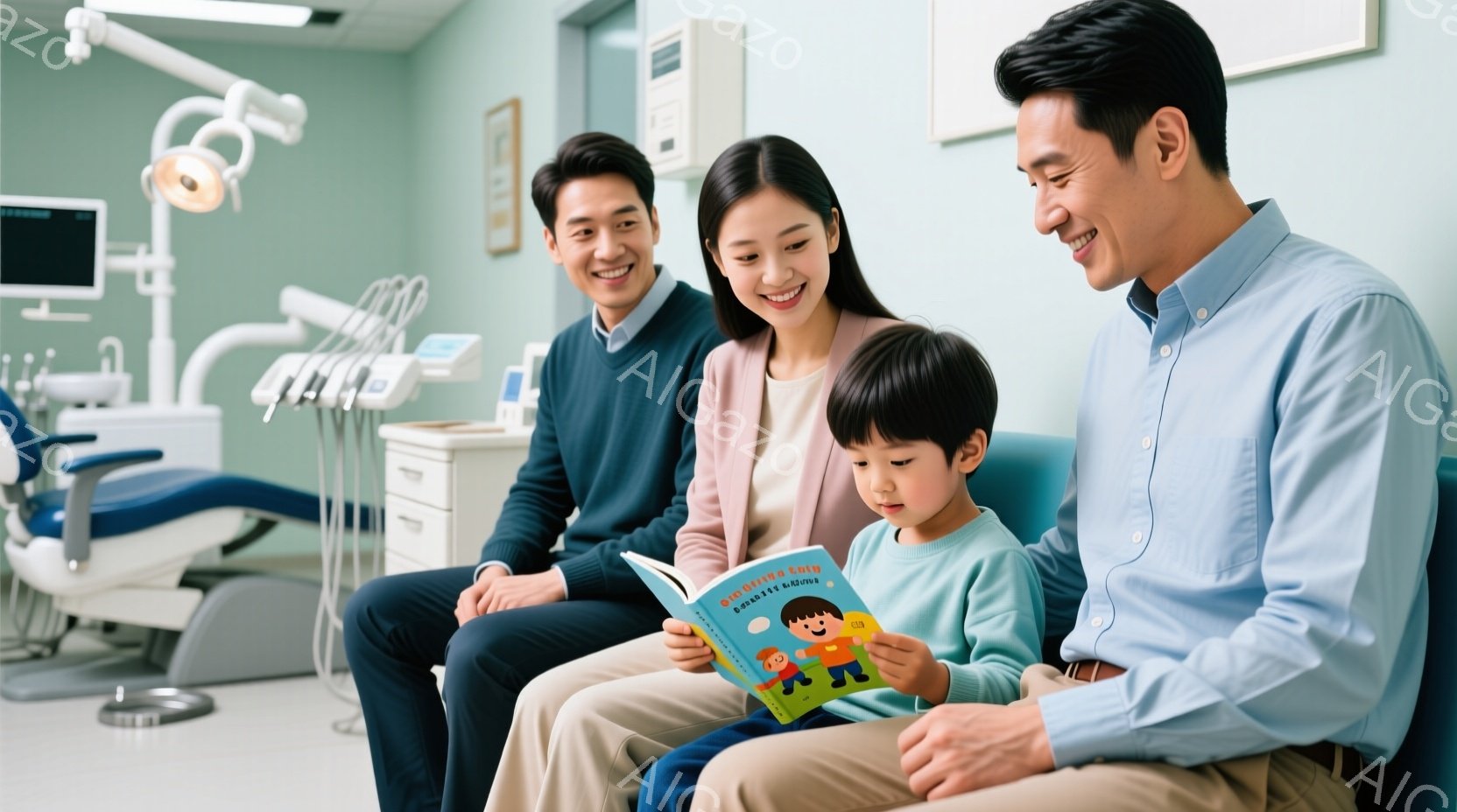 歯科医院の待合室で、母親、父親、息子の3人が座って絵本を読んでいる様子が写っています。母親はベージュのニットを着て微笑み、父親は青いシャツを着て、息子と絵本を一緒に見ています。息子の髪は短く、集中して絵本を見ており、背景には歯科用機器やキャビネットがあり、全体的に穏やかで家族的な雰囲気が漂っています。