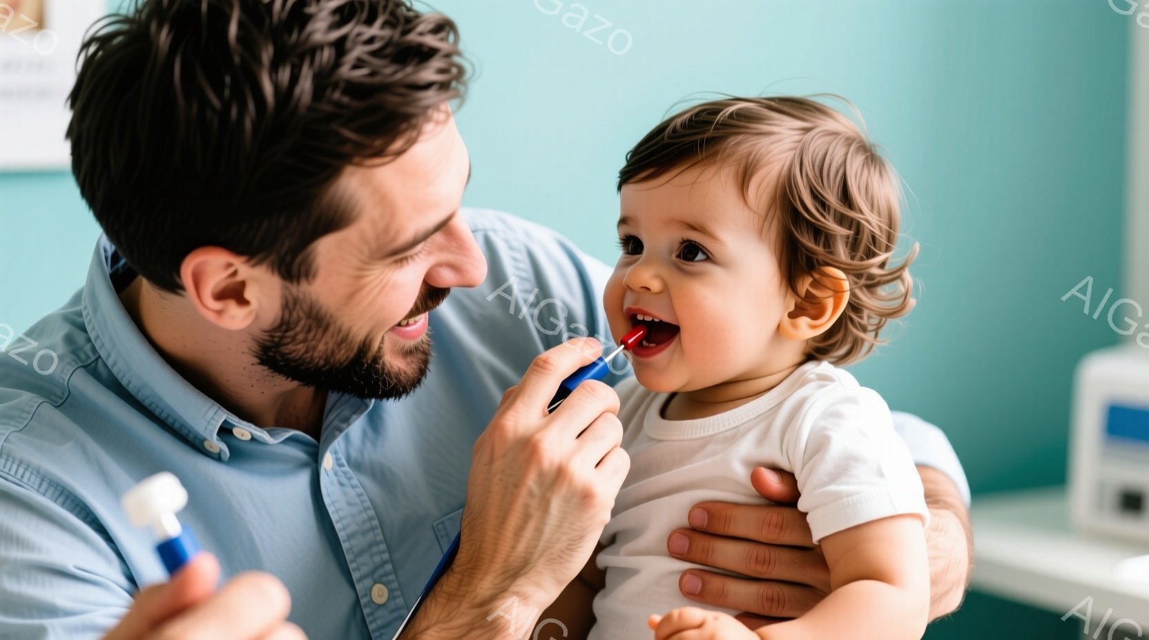 顎に医療器具を当てられた幼い男の子と、優しく見守る父親が写っている。父親は青いシャツを着ており、男の子は白いTシャツを着ている。背景には医療機関らしき場所が見え、全体的に安心感のある温かい雰囲気が漂っている。