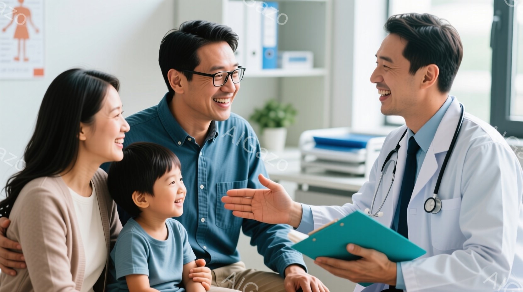 診察室で、白いコートを着た医者が笑顔で患者の家族に何かを説明しています。母親は長い髪で、ベージュのセーターを着ています。父親はブルーのシャツを着ており、幼い息子を抱きかかえ、家族全員が幸せそうな表情をしています。