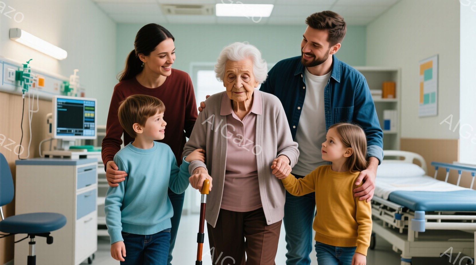 病院の病室で、高齢の女性が2人の子供とその両親に支えられながら立っている様子が写っています。女性は白いシャツにカーディガンを着ており、杖を持っています。子供たちはそれぞれ青と黄色のセーターを着ており、家族は皆、ほほえんでおり、暖かく安心できる雰囲気が漂っています。