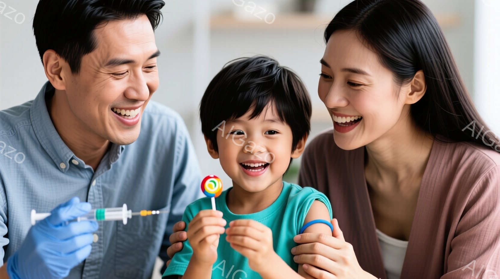 幼い男の子がキャンディーを持って満面の笑みを浮かべており、母親と父親に挟まれています。父親は青い手袋を着用し、注射器を手にしていますが、皆、幸せそうでリラックスした様子です。背景はぼやけており、病院か診療所の待合室のような室内環境であることが推測されます。