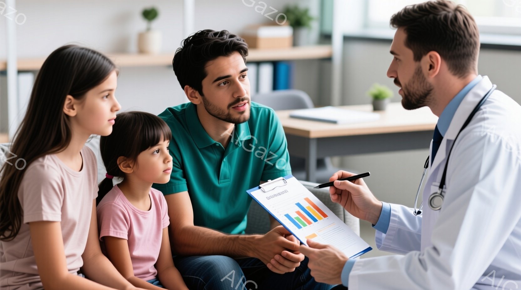 診察室で、若い男性医師がクリップボードを持って何かを説明しています。彼は白衣を着て聴診器を首にかけており、真剣な表情で患者の父親と娘を見つめています。背景には、棚や植物が見え、穏やかで落ち着いた雰囲気です。