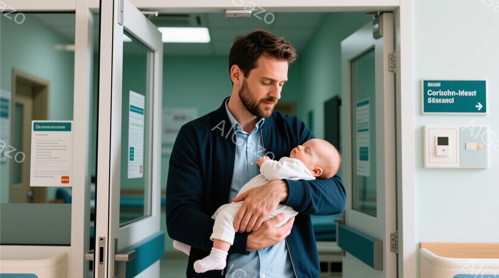 一人の男性が新生児を抱きかかえて立っています。男性は紺色のカーディガンを着ており、短く整えられた髪と口ひげを生やしています。背景は病院の廊下で、白と水色の壁、そして「Seesanci」と書かれた標識が見えます。