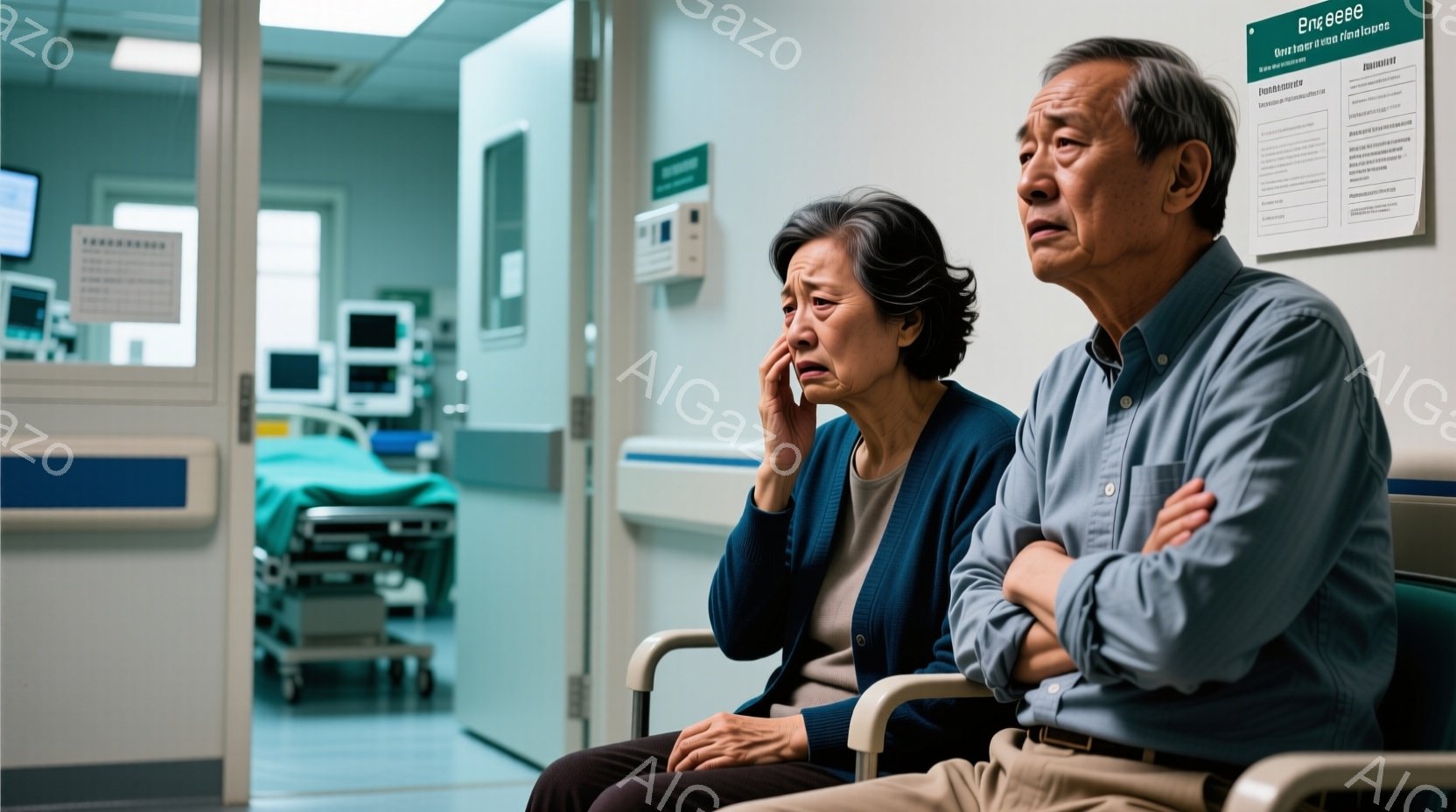年配の夫婦が病院の待合室で肩を並べて座っており、女性は手を顔の前に当てて悲しんでいるような表情をしています。男性は緊張した面持ちで前方をじっと見ており、二人はそれぞれ落ち着かない様子です。背景には医療機器やベッドが見え、病院の待合室であることがわかります。