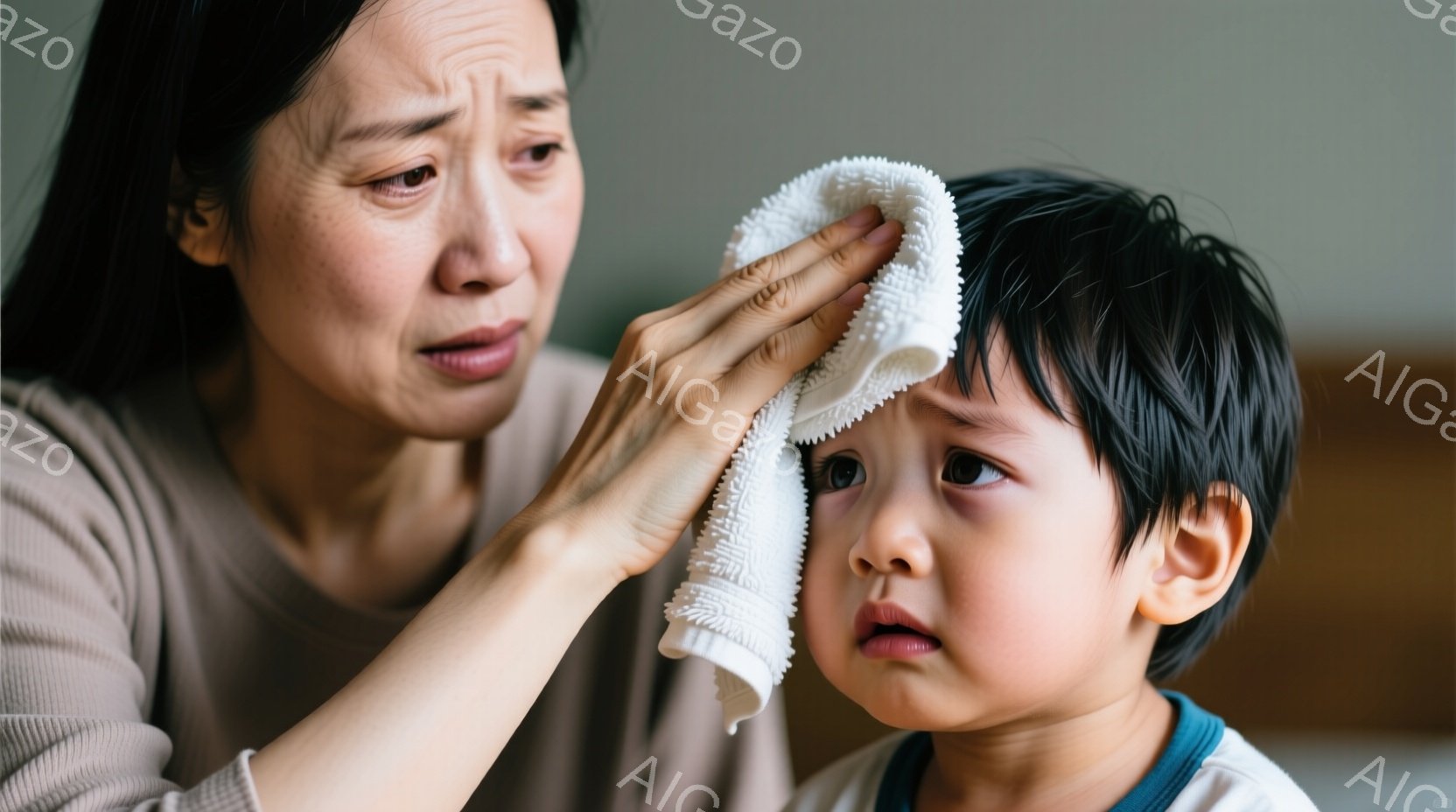 母親が幼い子供の額をタオルで拭いています。母親はベージュ色のトップスを着ており、少し心配そうな表情をしています。子供は青いシャツを着ており、少し悲しそうな顔をしており、母親の優しいケアを受けています。