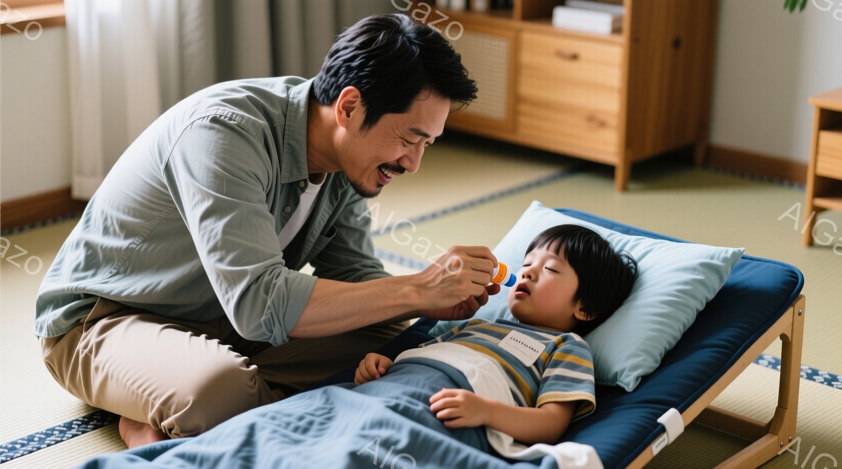 少年は青い枕に頭を預け、ベッドに横たわっています。父親は少年のそばに膝をつき、何かを口に食べさせている様子で、笑顔を見せています。背景には畳の部屋、木製の家具、そして穏やかな光が差し込んでおり、全体的に温かく優しい家庭の雰囲気が漂っています。