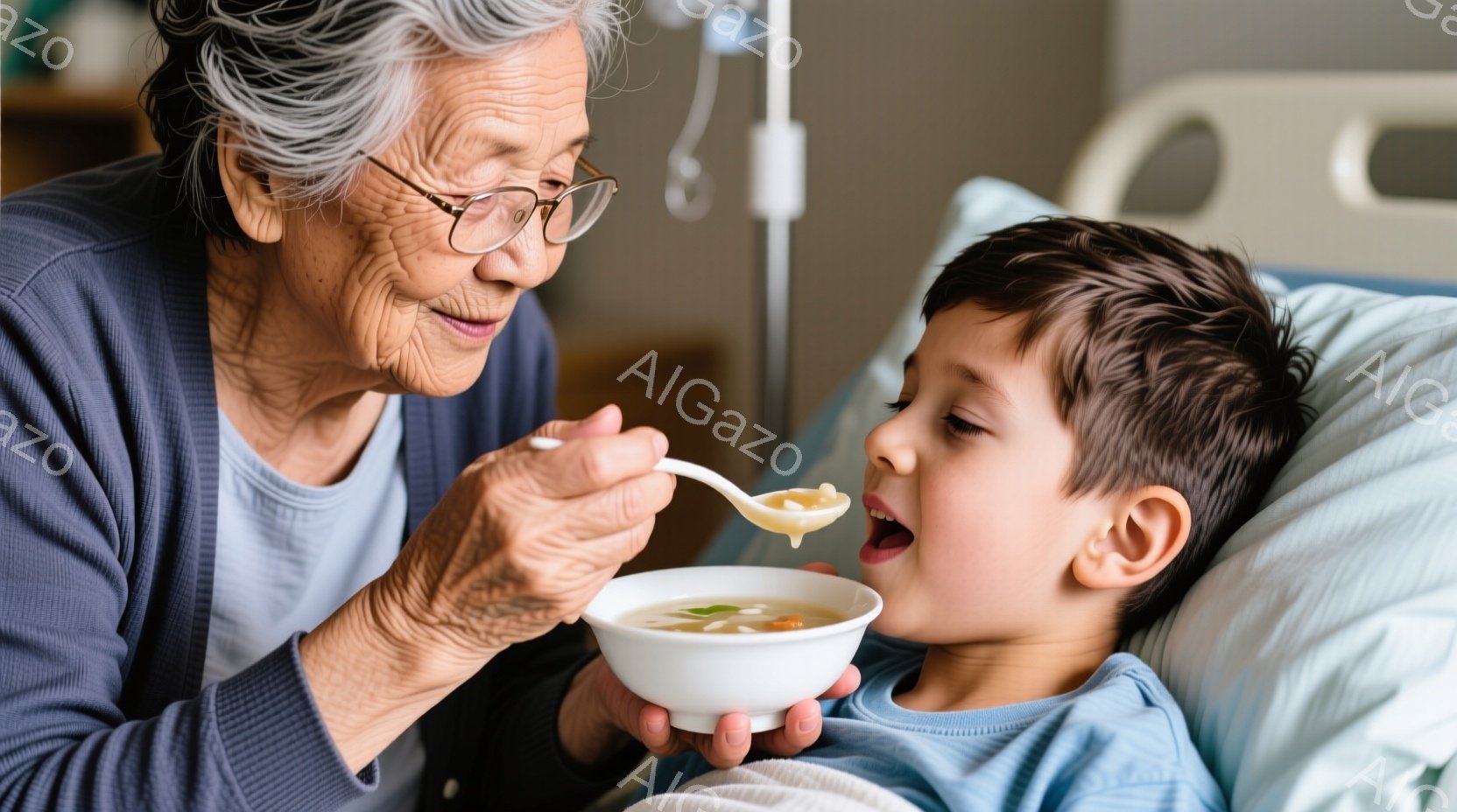 白髪の女性が、病院のベッドに横たわる幼い男の子にスプーンでスープをあげています。女性は紺色のセーターを着ており、男の子は水色のTシャツを着ています。背景には病院の白い壁と点滴スタンドが見え、温かく愛情に満ちた雰囲気が漂っています。