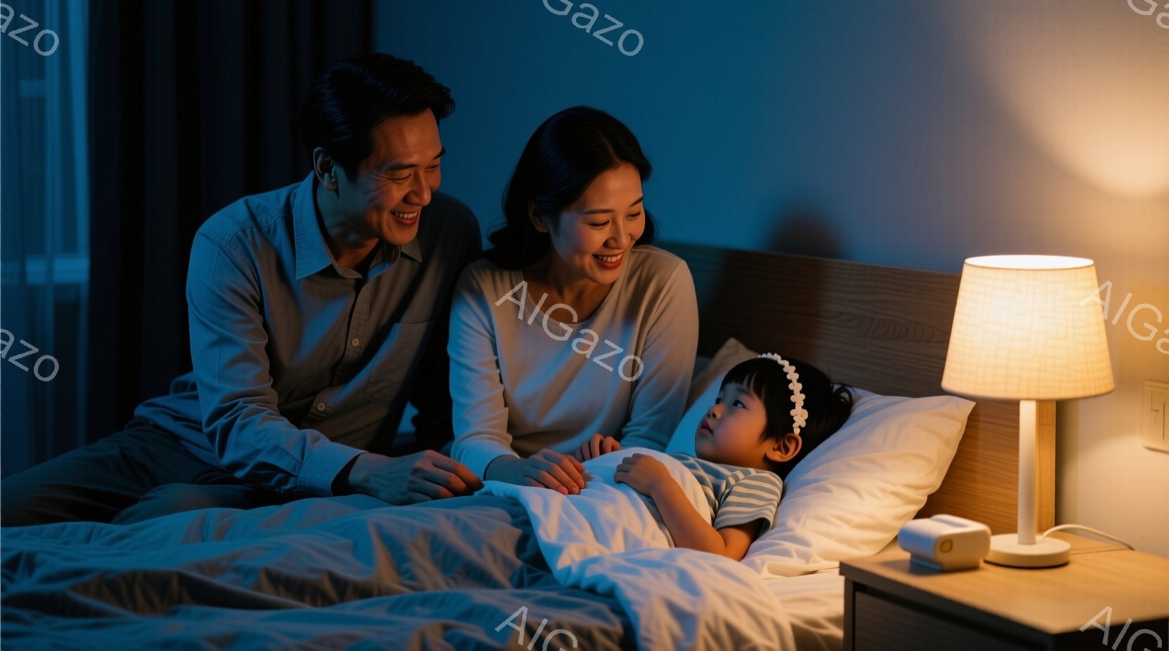 一家のベッドサイドの光景で、父親と母親がベッドに座り、幼い娘を見守っています。父親は明るい青色のシャツを着ており、母親はクリーム色のトップスを着ています。娘は白いパジャマを着ていて、ベッドに横たわって - AI生成フリー素材