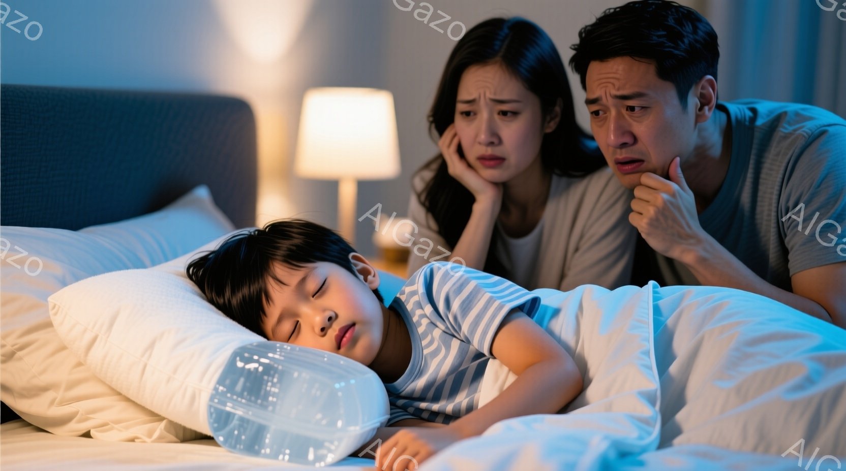 一人の少年がベッドで眠っており、額には冷却パックが乗っています。両親は心配そうな表情で少年の顔を見つめており、母親は手を頬にあて、父親は顎に手を当てています。背景は薄暗い寝室で、ベッドサイドテーブルにはランプが置かれており、全体的に心配そうな雰囲気が漂っています。