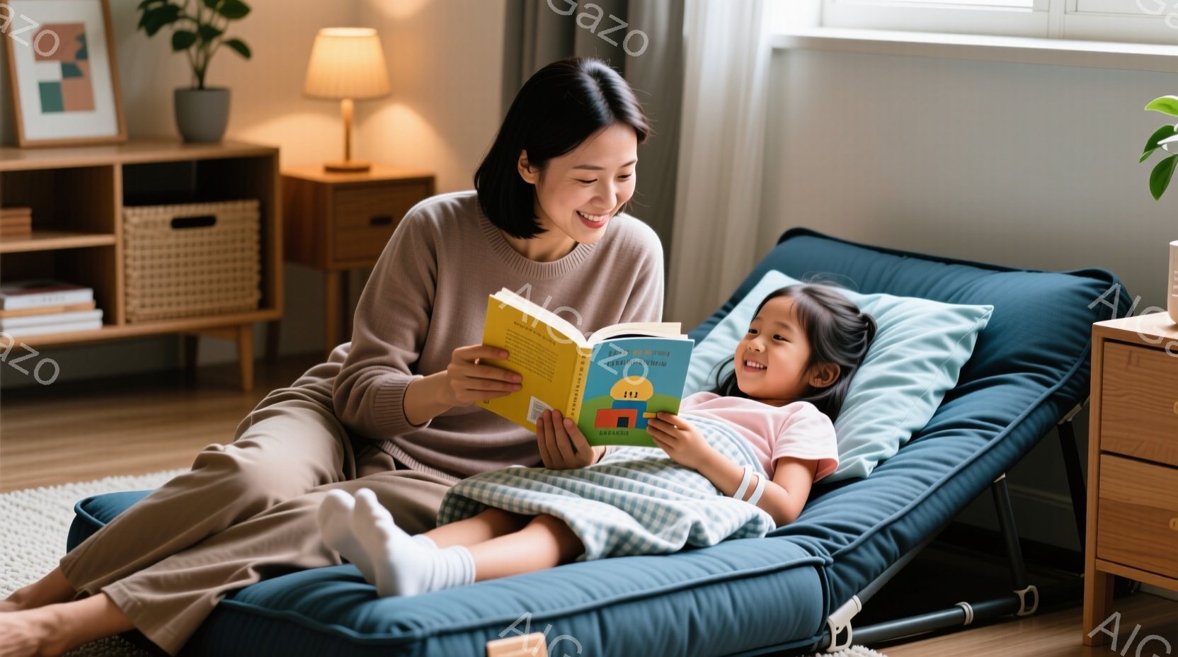 明るい部屋で、母親と幼い娘がリラックスして本を読んでいる。母親はベージュのセーターを着て髪を後ろで束ね、笑顔で本を娘に見せている。娘はピンクのシャツと紺色のズボンを着て、母親の隣で仰向けになり、楽しそうに本を見つめている。