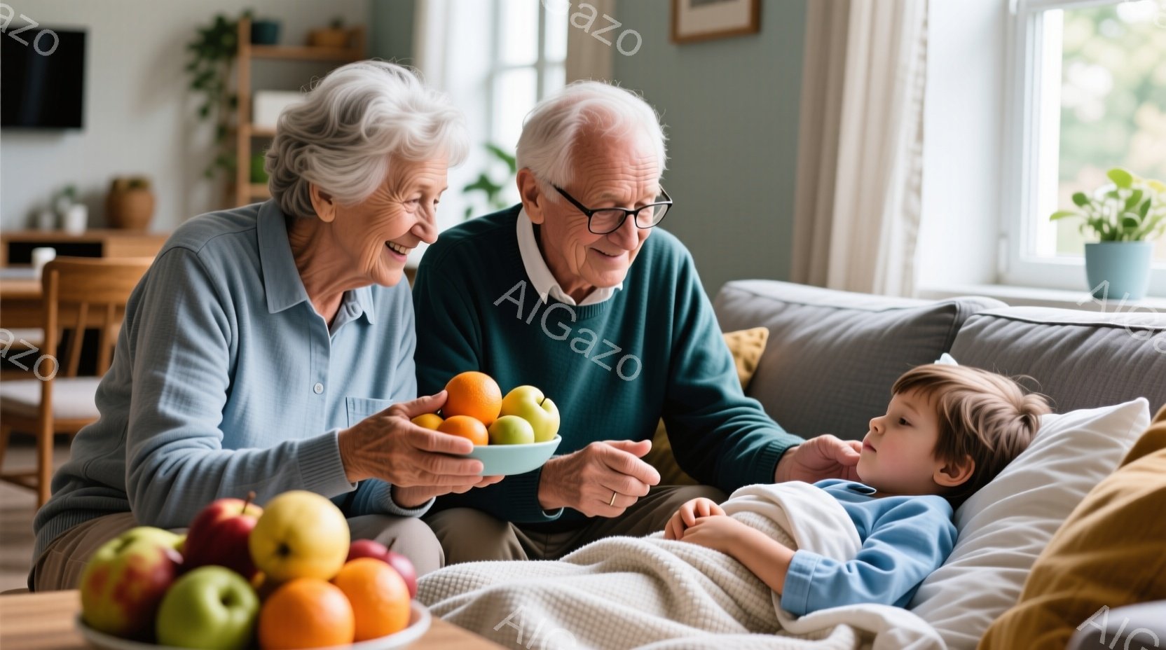 白髪の祖母と祖父が、病気でベッドに横になっている幼い孫の様子を見守っています。祖母は手にりんごやオレンジなどを乗せたお皿を持って微笑み、祖父は孫の顔を心配そうに見つめています。背景には明るいリビングルームが見え、日差しが差し込み、温かく穏やかな雰囲気が漂っています。