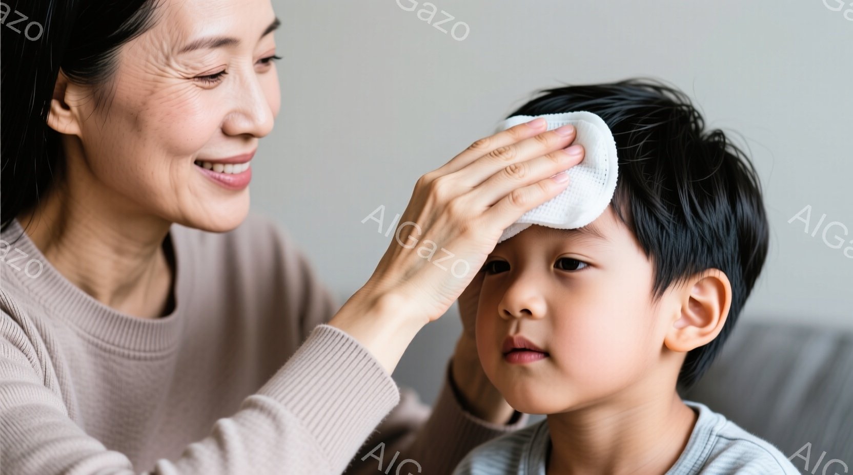 おばあちゃんが幼い男の子のおでこに冷たいタオルを当てている様子が写っています。おばあちゃんはベージュ色のセーターを着て微笑んでおり、男の子はグレーのシャツを着て少し心配そうな表情をしています。背景はぼかされており、室内であることがわかりますが、具体的な場所は不明です。