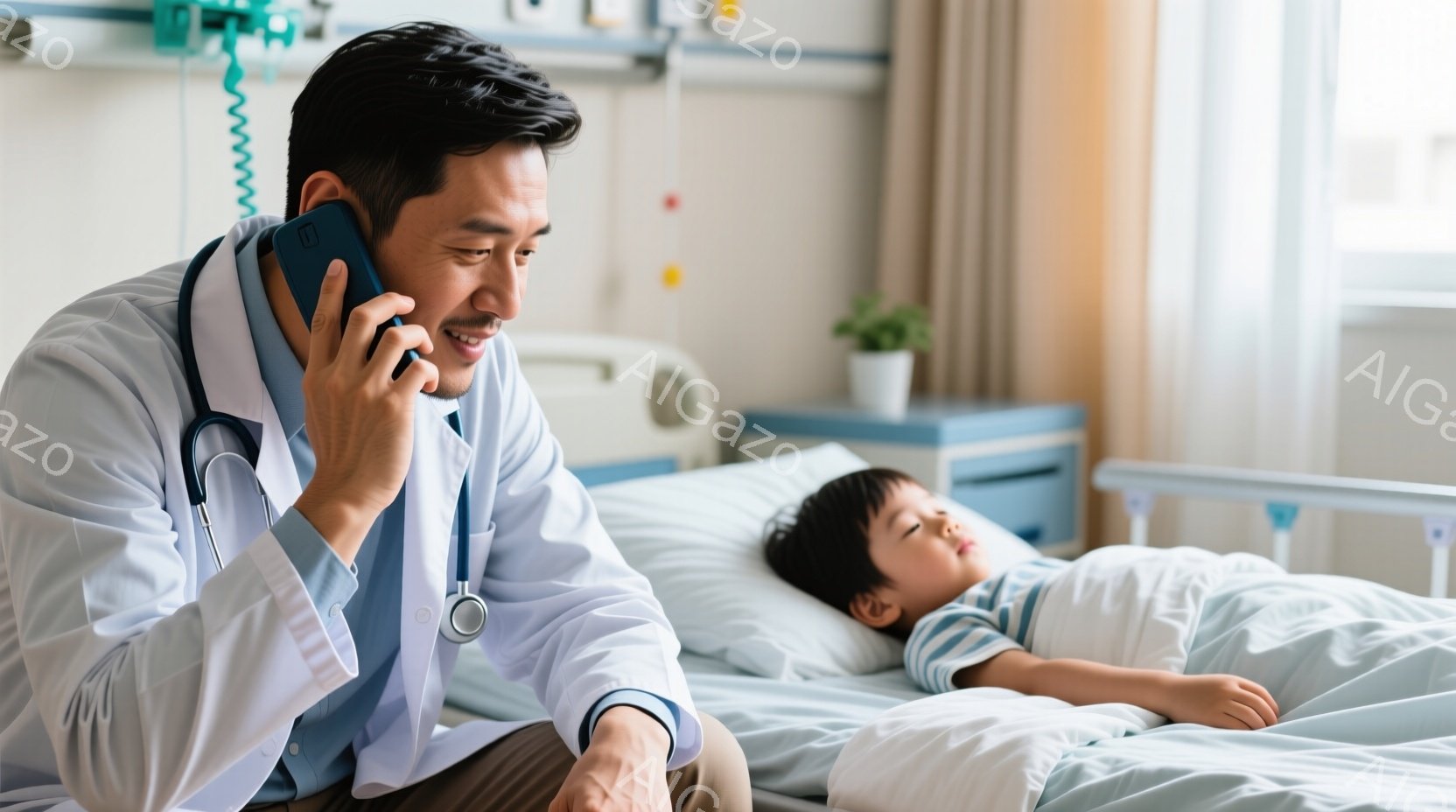 白衣を着た医者がスマートフォンで電話をしながら、病院のベッドに横たわる幼い男の子のそばに座っている。医者は落ち着いた表情で、黒髪を短く整えている。背景には病院のベッドサイドテーブルと、柔らかな光が差し込む窓が見え、全体的に穏やかで安心感のある雰囲気である。