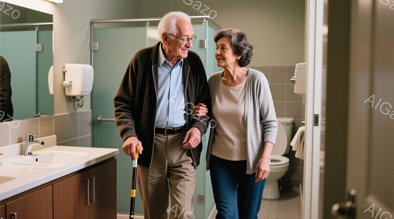 白髪の老紳士と老婦人が、洗面台とトイレのある浴室で寄り添って歩いている。紳士は杖をつき、紺色のシャツにグレーのカーディガンを羽織り、ベージュ色のズボンを履いている。老婦人は、グレーのセーターとジーンズ姿で、優しく紳士の腕に寄り添い、穏やかな笑顔を浮かべている。