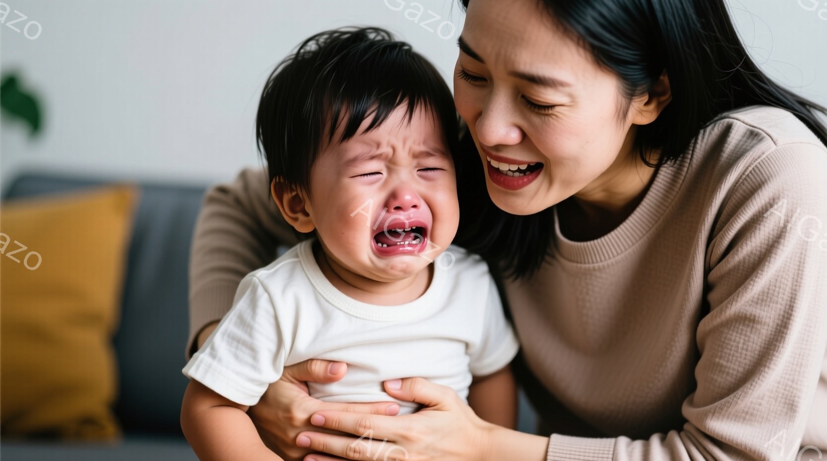 赤ちゃんは白いTシャツを着て、大声で泣いており、顔は涙でぐしゃぐしゃになっている。母親は薄い茶色のニットを着ており、赤ちゃんの体を抱きしめて、優しく微笑んでいる。背景には、灰色のソファと少し見える緑の植物があり、温かく愛情に満ちた雰囲気が感じられる。