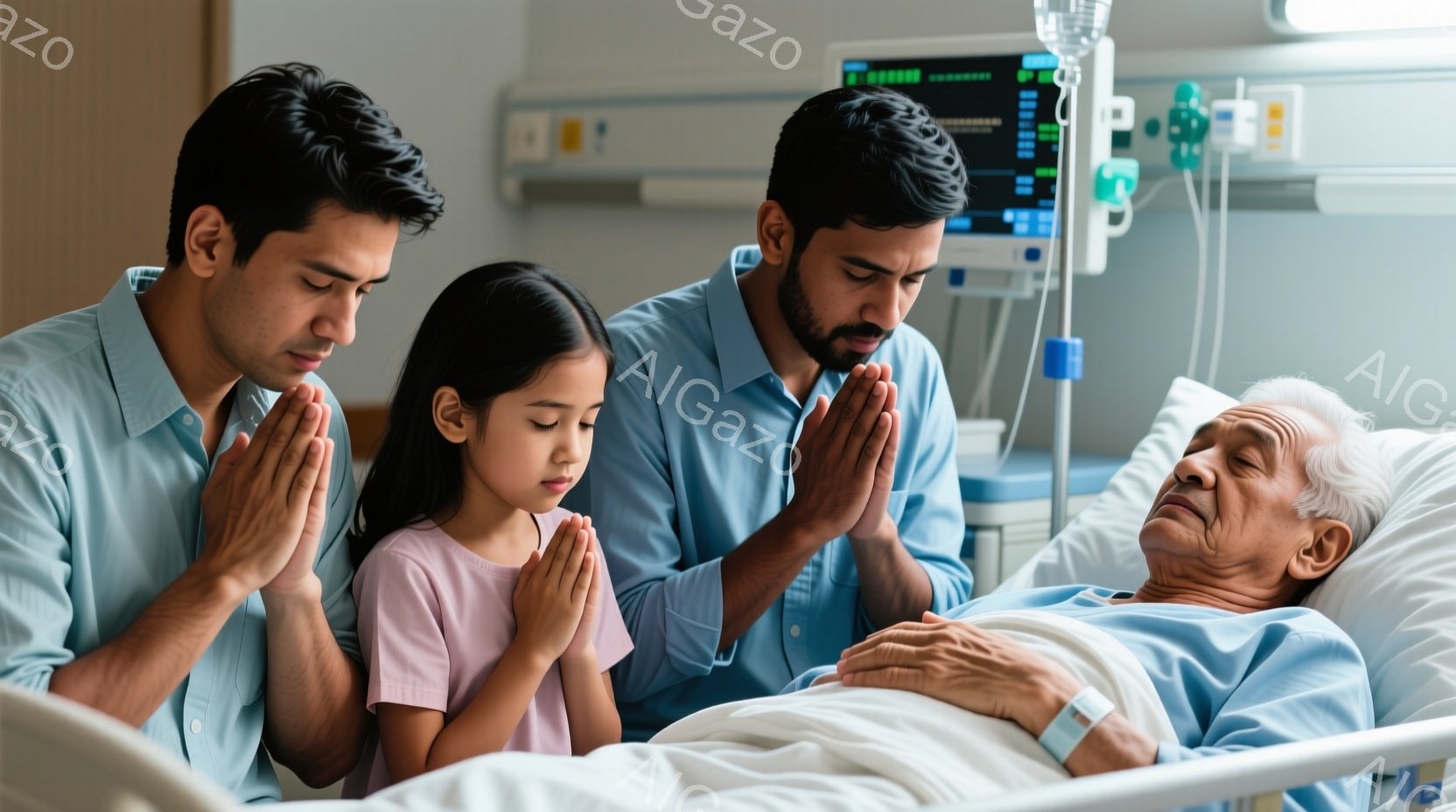 病室で、若い男性2人と幼い少女が、ベッドに横たわる高齢男性の周りで祈っています。男性たちは皆、青いシャツを着ており、少女はピンク色のシャツを着ています。高齢男性は医療機器に接続され、穏やかな表情をしています。