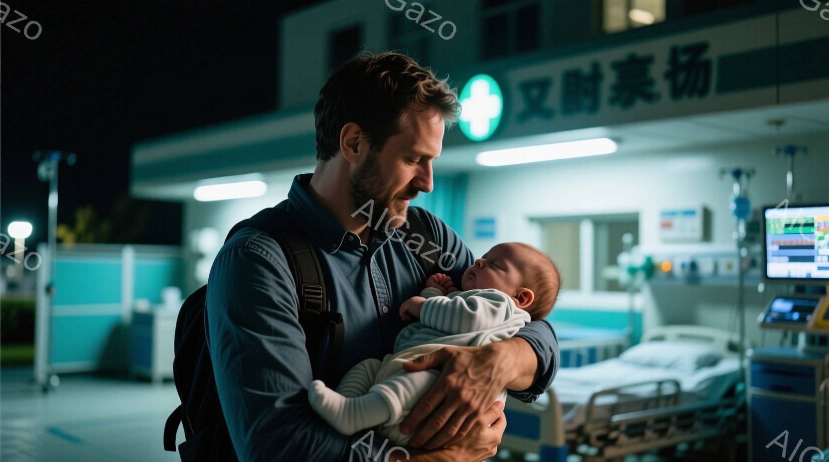 疲れた様子の男性が、生まれたばかりの赤ちゃんを抱きかかえて立っている。男性は青色のシャツを着ており、無精髭を生やしている。背景には病院のベッドや医療機器が見え、夜間の病院の待合室のような場所で、少し寂しげな雰囲気が漂っている。