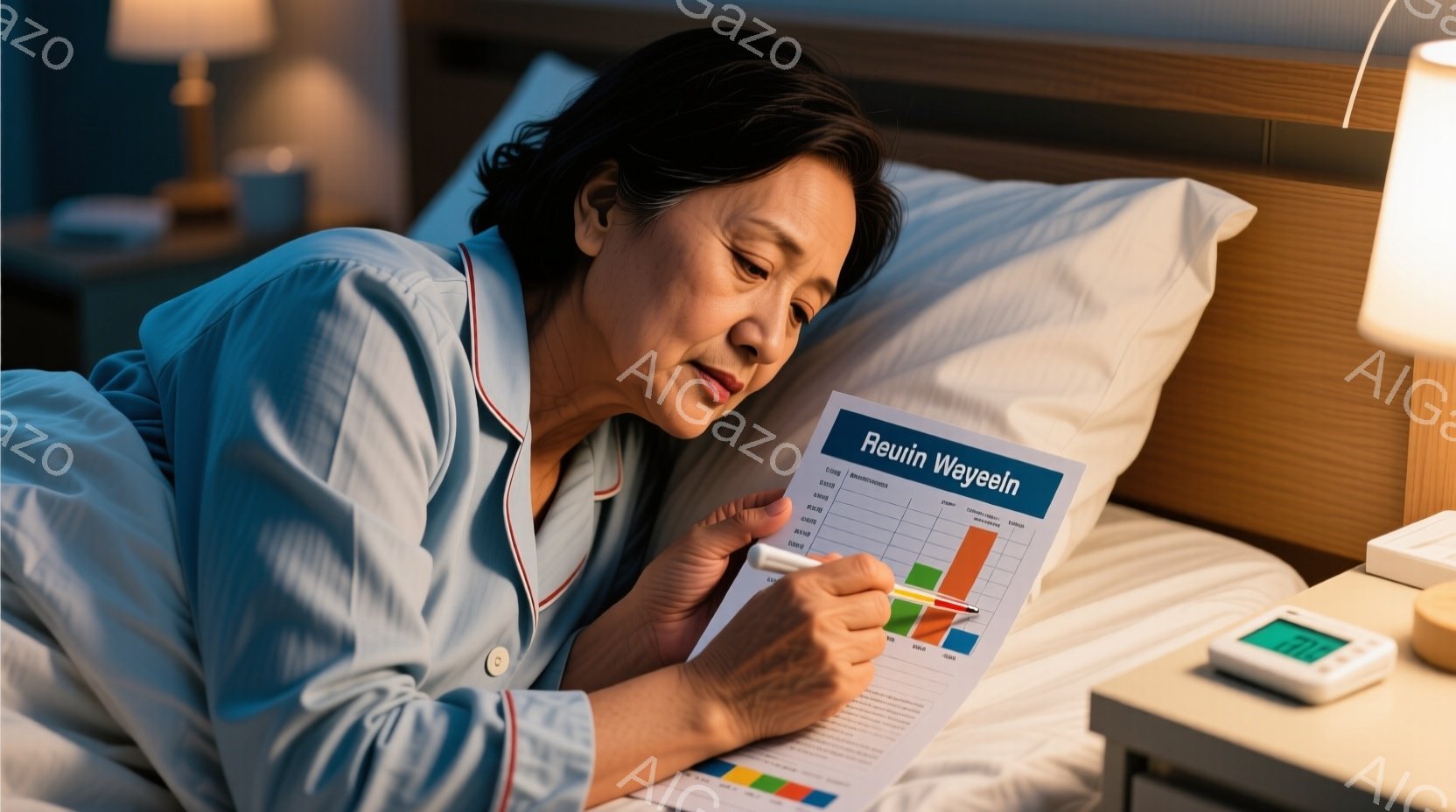 パジャマ姿の女性がベッドに寄りかかり、グラフが印刷された書類を読んでいます。彼女は黒髪で、眉間にしわを寄せ、真剣な表情でグラフを調べています。ベッドサイドテーブルにはデジタル時計があり、部屋は薄暗く、夜間の静かな雰囲気が漂っています。