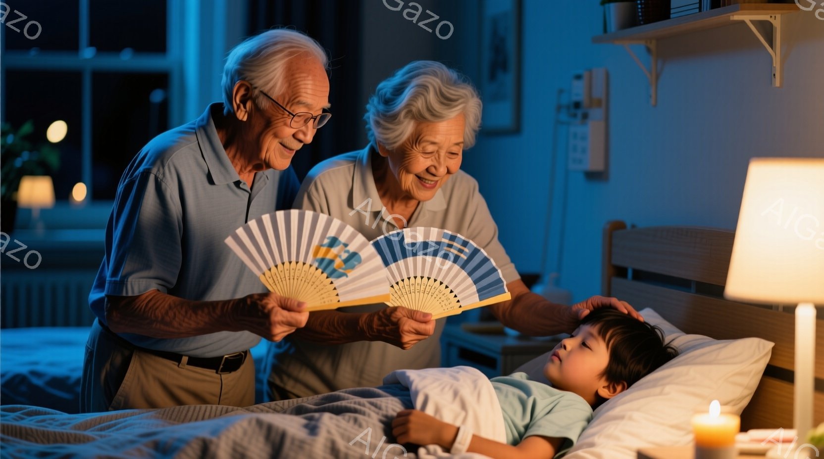 白髪の老夫婦が、熱があるかのように横になった幼い孫の前に立っている。おじいさんは青いポロシャツとベージュのズボンを着用し、おばあさんは薄いピンクのトップスを着ていて、幼い孫に扇子で涼しい風を送っている。背景にはベッドサイドテーブル、間接照明、壁に掛けられた写真が見え、温かく優しい家庭的な雰囲気が漂っている。