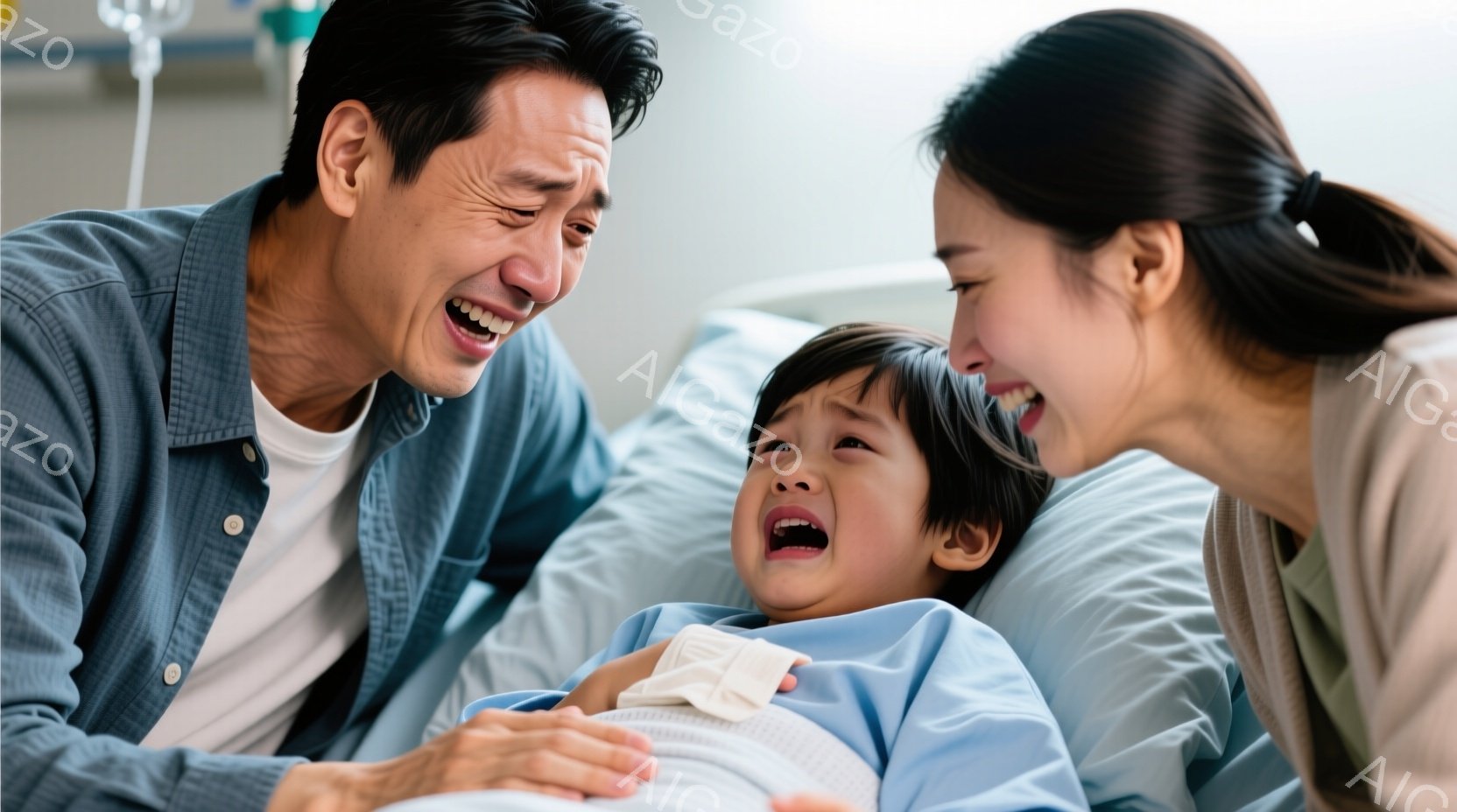 家族が病院で新生児を見守り、喜びと愛情を交えた笑顔で笑い合っている。