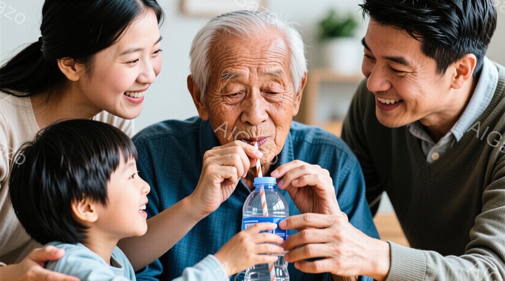 高齢の男性を中心に、若い女性と幼い子供が寄り添っている様子が写っています。高齢男性は青いペットボトルからストローを使って飲み物を飲んでおり、子供は興味津々に見上げています。背景は明るい室内で、全体的に温かく幸せな雰囲気が漂っています。