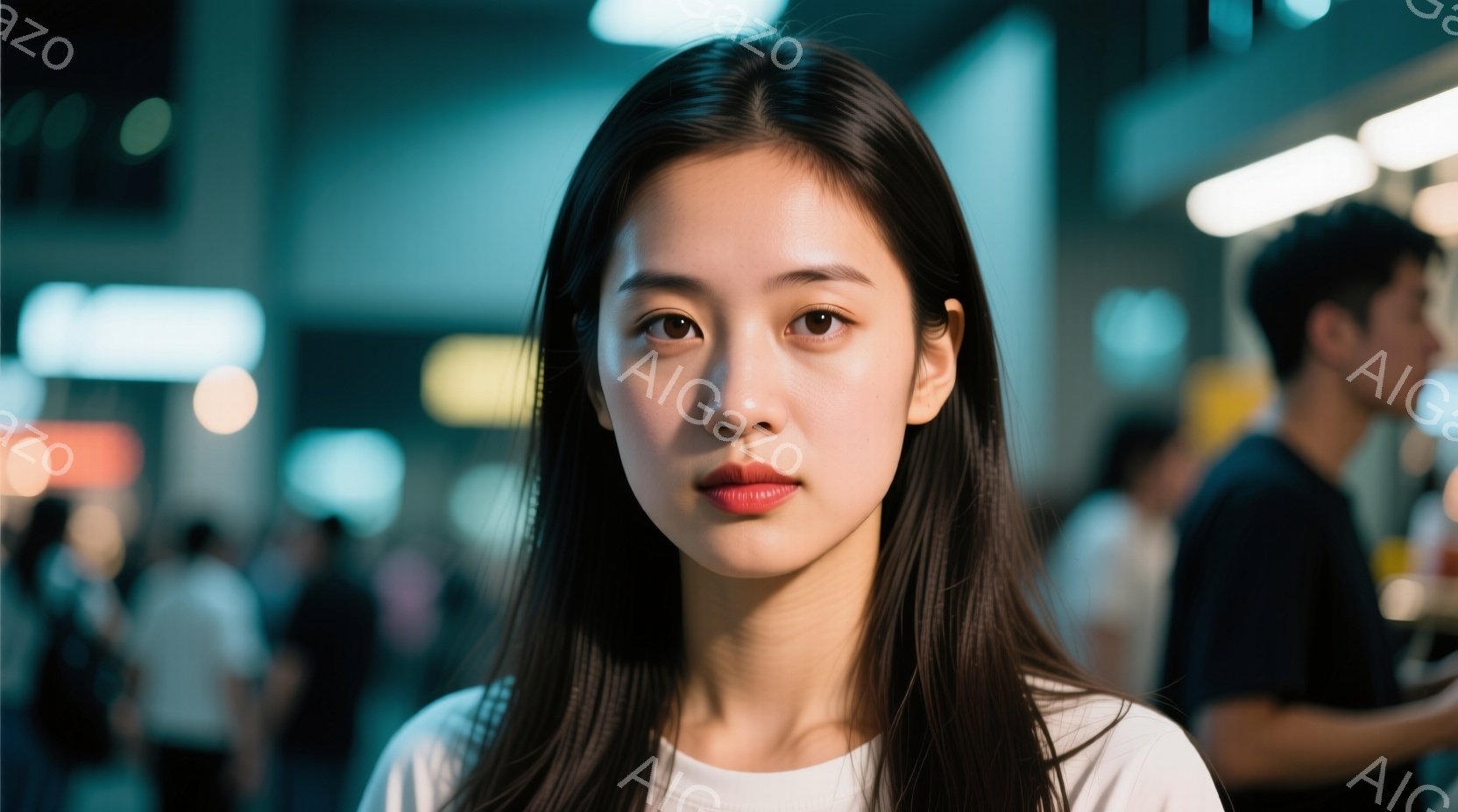 長髪の女性が正面を向いて写っており、白いシンプルなトップスを着ています。彼女は少し口を開けており、穏やかで物憂げな表情をしています。背景にはぼやけた人々と光が混在しており、夜の賑やかな街並みを暗示して - AI生成フリー素材