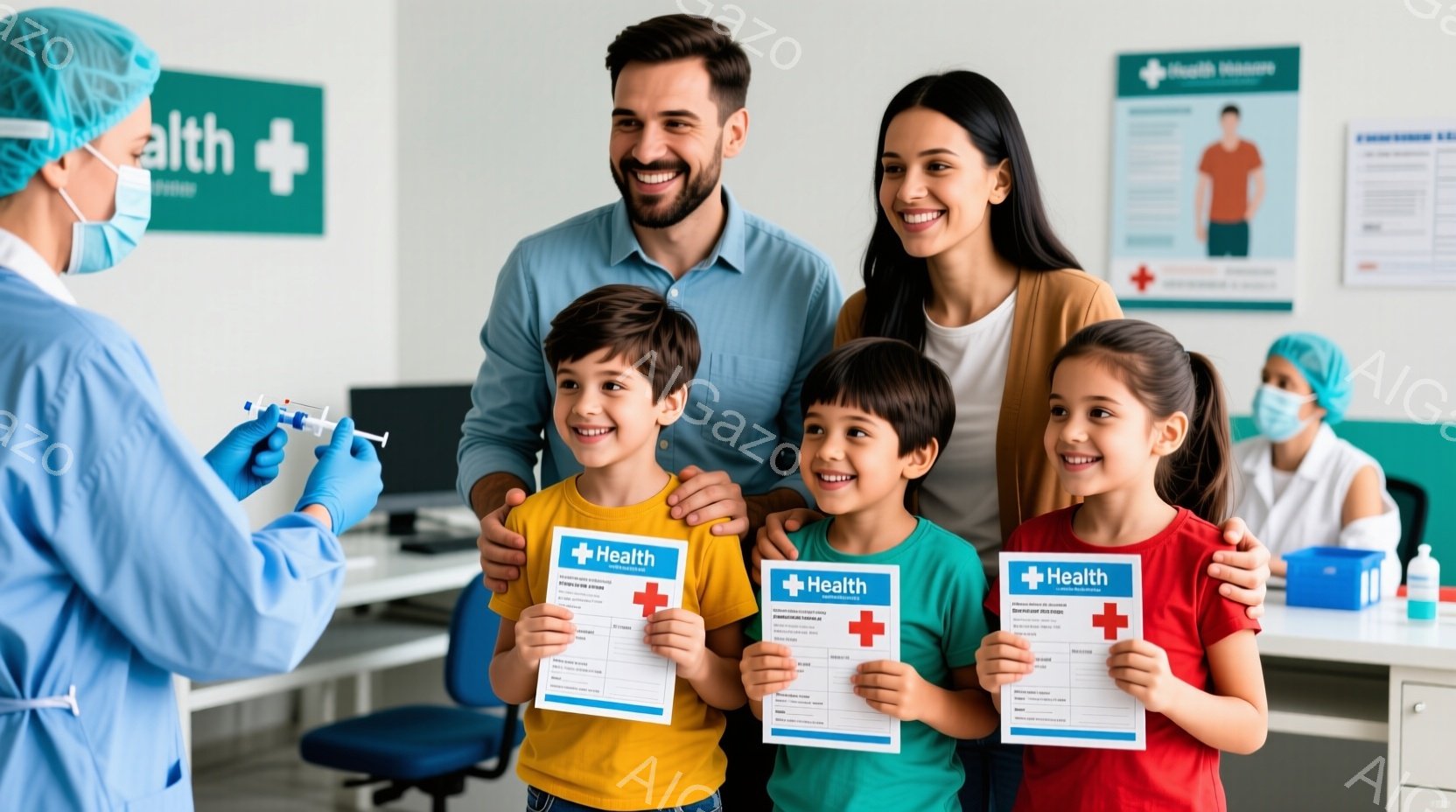 医療従事者が注射器を持っており、家族が笑顔で医療書類を掲げています。父親は紺色のシャツを着ており、母親は白いトップスを着ています。子供たちは明るい黄色のTシャツを着ており、背景には医療機器や書類が並んだ診察室のような場所が見えます。