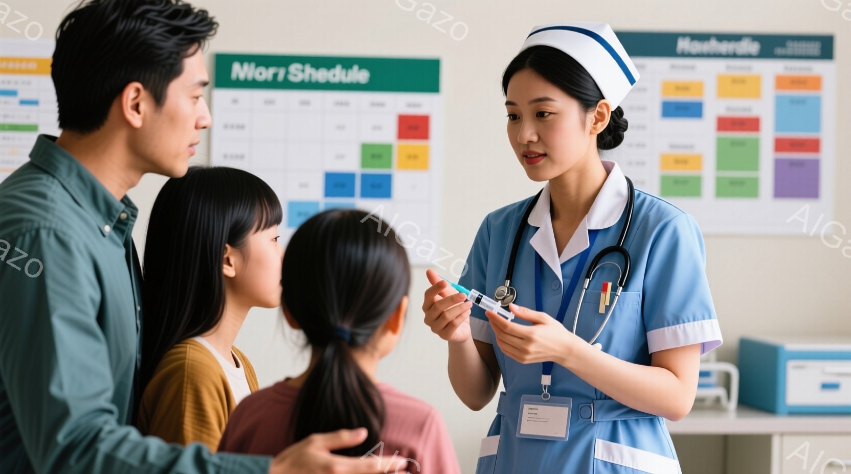 看護師は、看護師服とストライプのハイネックを着て、注射器とバイアルを持って説明しています。父親はオレンジ色のシャツを着ており、娘はベージュ色のセーターを着ています。背景にはスケジュール表が掛かっており、医療機関の待合室のような明るい雰囲気の室内です。