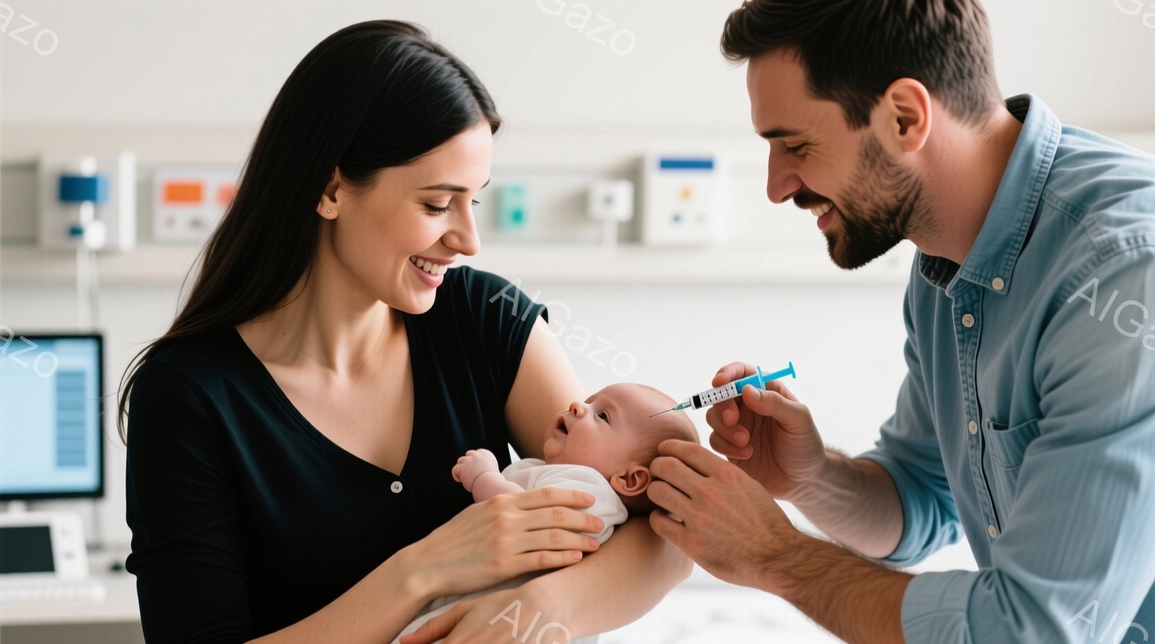 赤ちゃんの予防接種を行っている様子が写っています。母親は黒いトップスを着ており、微笑みを浮かべて赤ちゃんを抱きかかえています。父親は青いシャツを着て、注射器を持って赤ちゃんの腕に注射をしようとしており、こちらも笑顔で見ています。